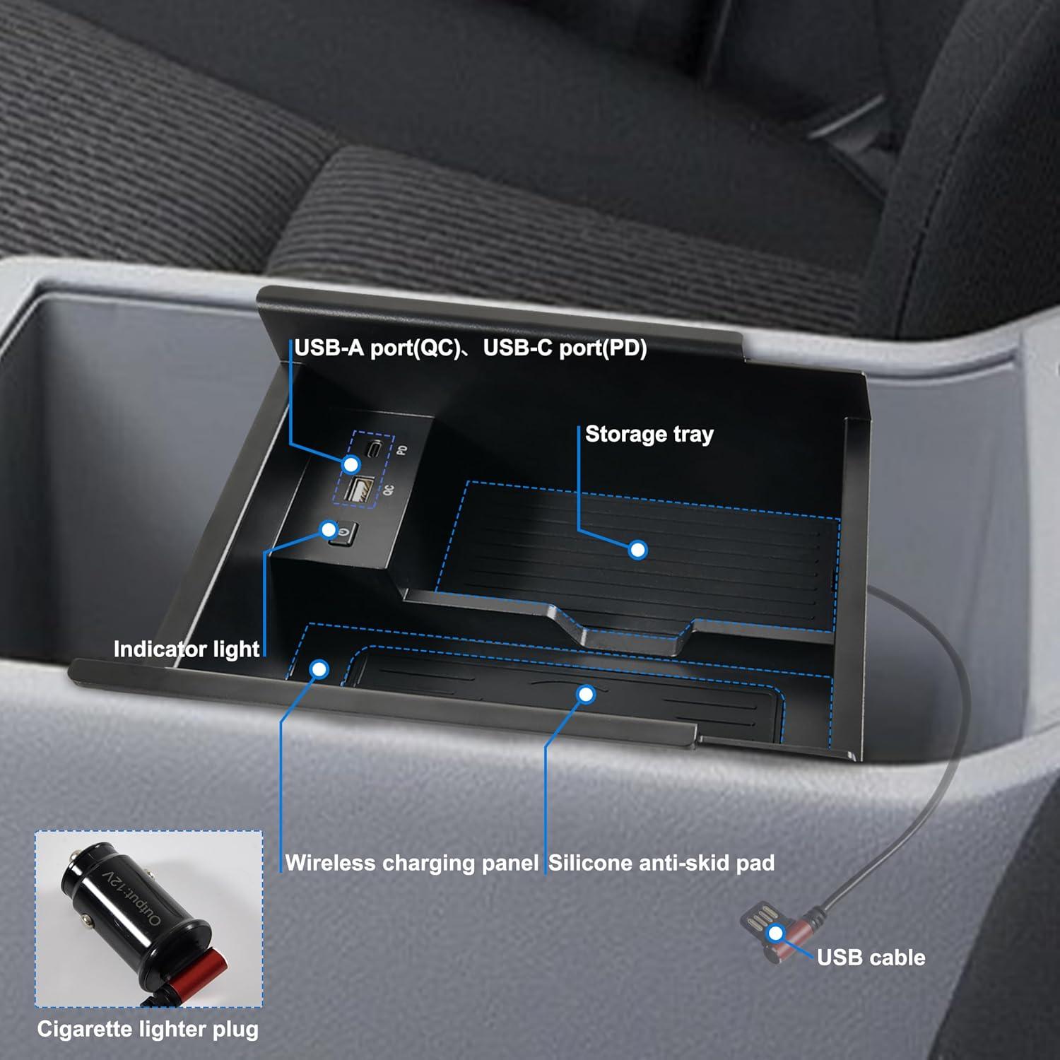 Wireless Charger for Toyota 4runner 2010-2024, Center Console Organizer Tray USB-A USB-C Fast Wireless Charging Pad Armrest Storage Box for Toyota 4runner 5th Gen SR5 TRD Accessories