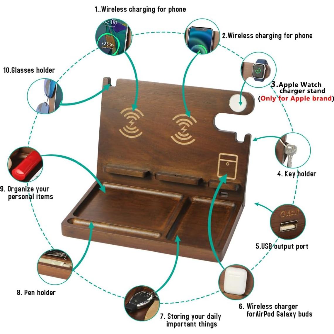 Estación de Carga Inalámbrica de Madera Baiteng 27W para iPhone y Apple Watch