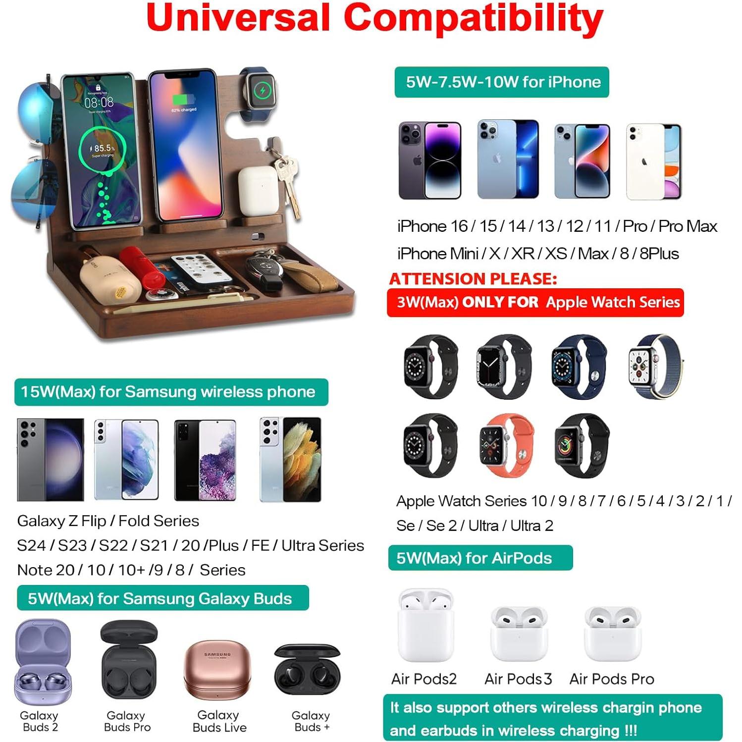 Estación de Carga Inalámbrica de Madera Baiteng 27W para iPhone y Apple Watch