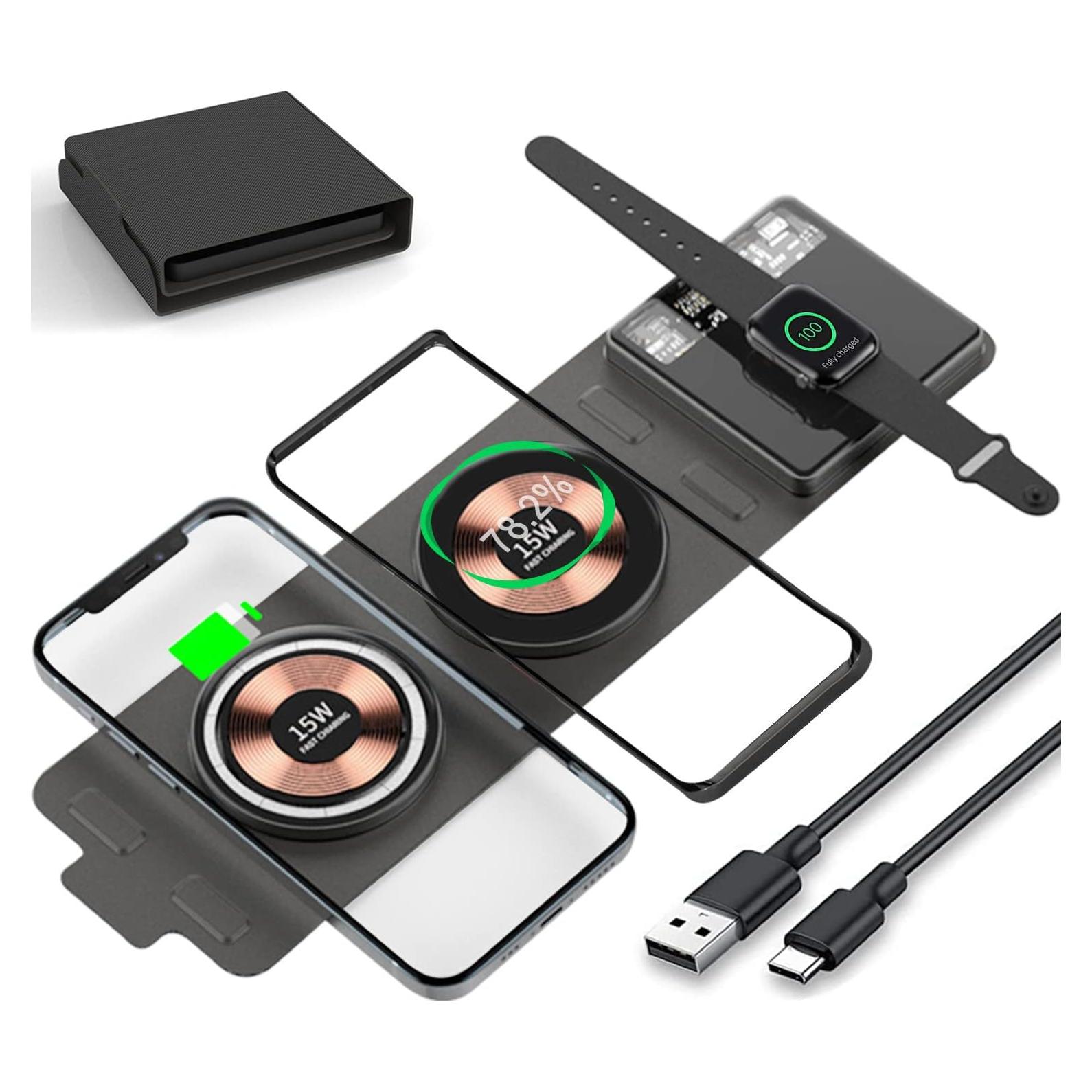 [Dual 15W] Foldable Fast Wireless Charger, 3 in 1 Travel Magnetic Wireless Charger, Wireless Charging Pad Compatible with Mag-Safe Charger for iPhone 16/15/14/13/12, Samsung, Apple Watch, AirPods