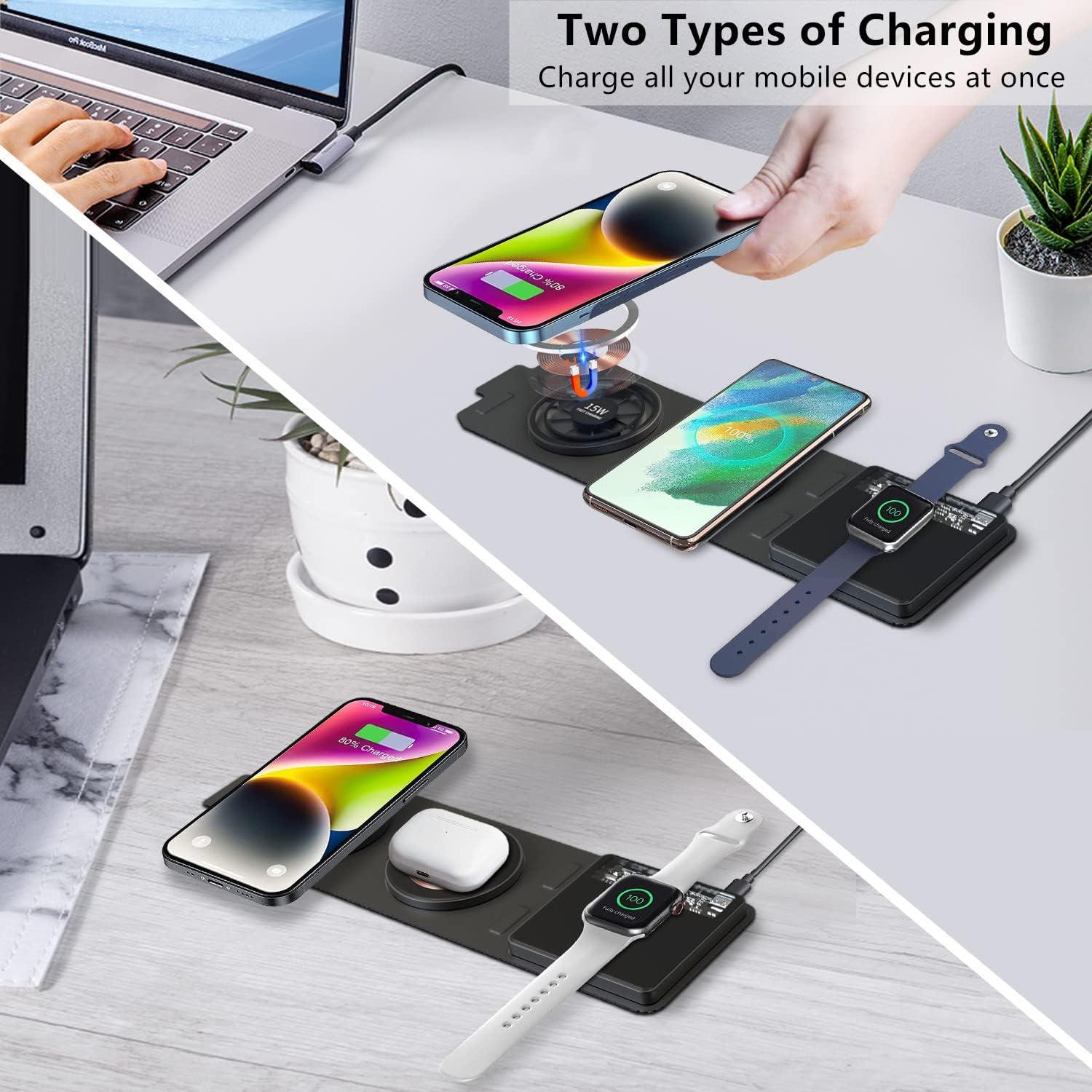 [Dual 15W] Foldable Fast Wireless Charger, 3 in 1 Travel Magnetic Wireless Charger, Wireless Charging Pad Compatible with Mag-Safe Charger for iPhone 16/15/14/13/12, Samsung, Apple Watch, AirPods