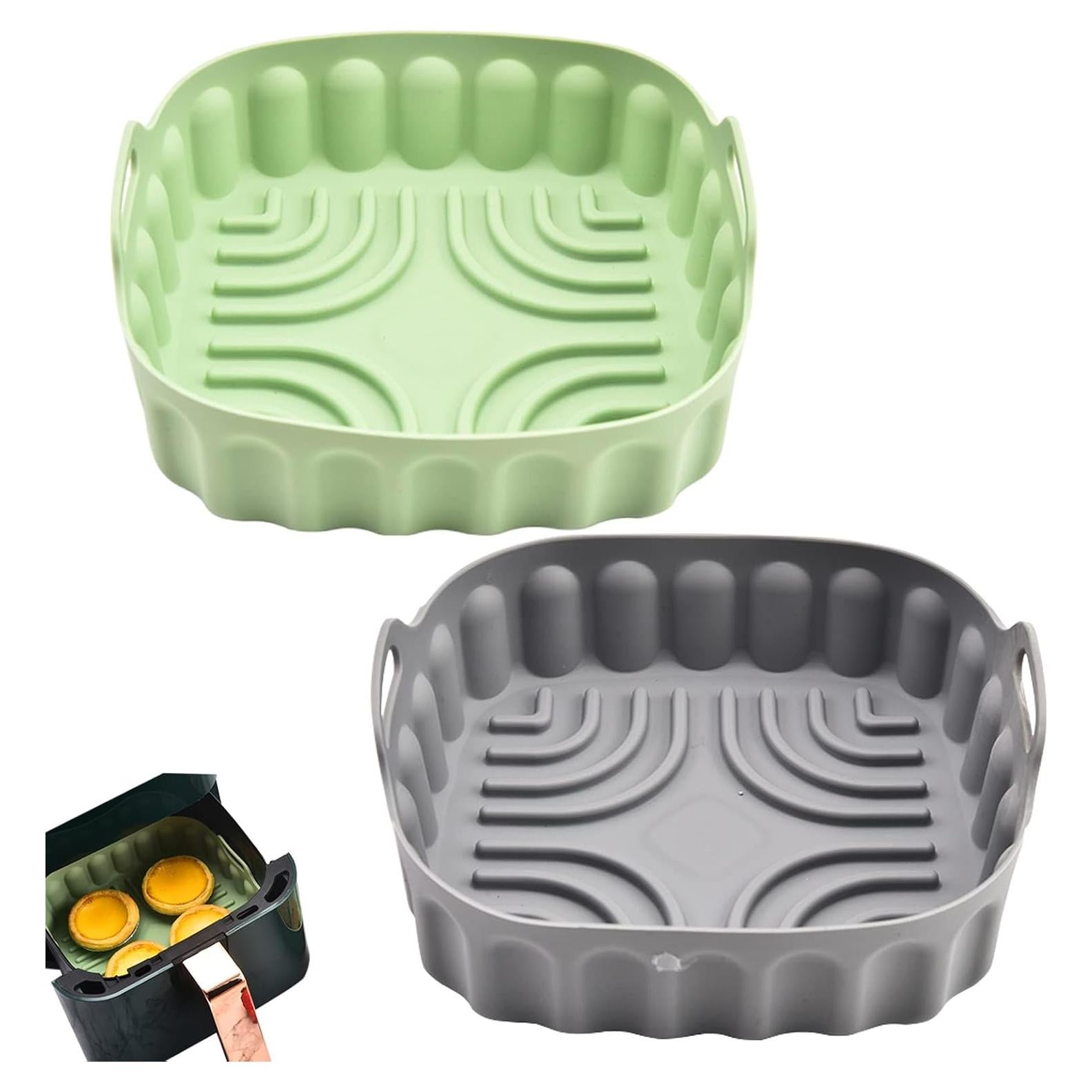 2-Pack Square Air Fryer Silicone Pot, A safe and non Stick Air Fryer,Reusable Baking Tray And Oven Accessories;Suitable For 4QT -8QT Air Fryers (Gray+Green)