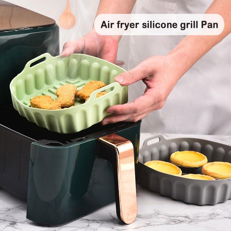 2-Pack Square Air Fryer Silicone Pot, A safe and non Stick Air Fryer,Reusable Baking Tray And Oven Accessories;Suitable For 4QT -8QT Air Fryers (Gray+Green)