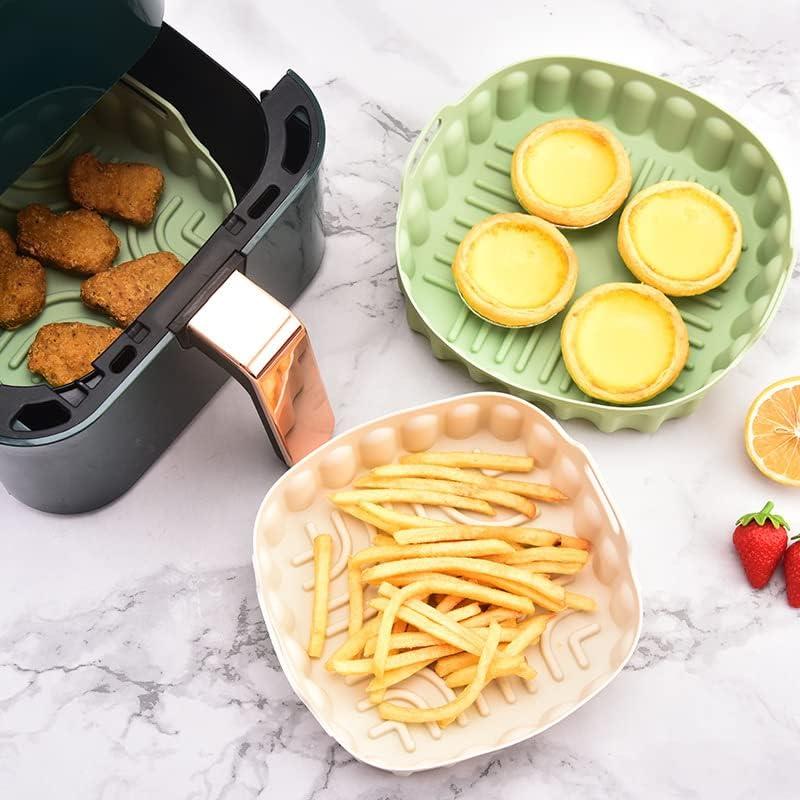 2-Pack Square Air Fryer Silicone Pot, A safe and non Stick Air Fryer,Reusable Baking Tray And Oven Accessories;Suitable For 4QT -8QT Air Fryers (Gray+Green)