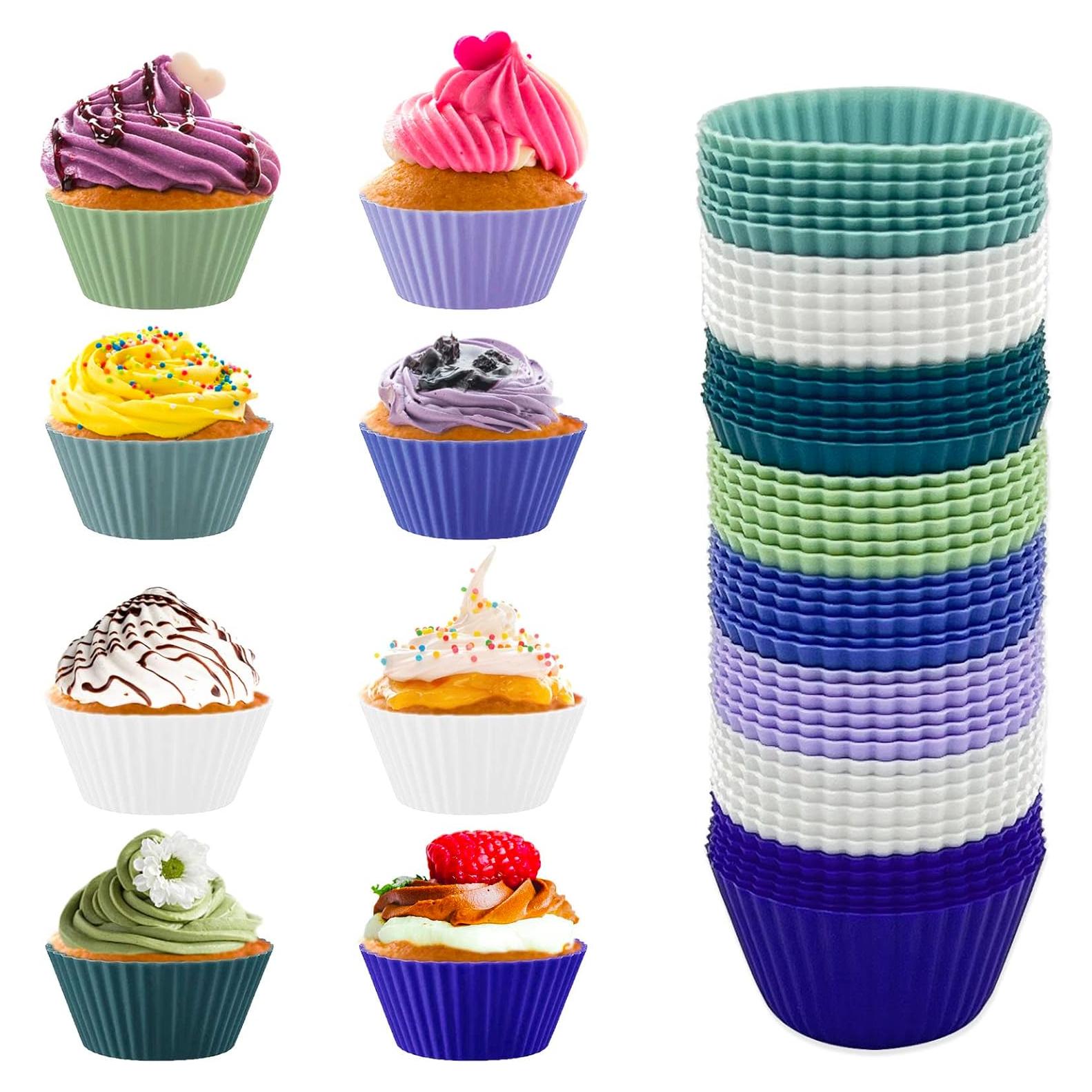 48 Pack of Silicone Cupcake Liners, lyfLux Reusable Mini Muffin Baking Cups, Food Grade Silicone for Cooking Eggs, Baking Muffins and Make a Cake (8 Colors 6 Each)