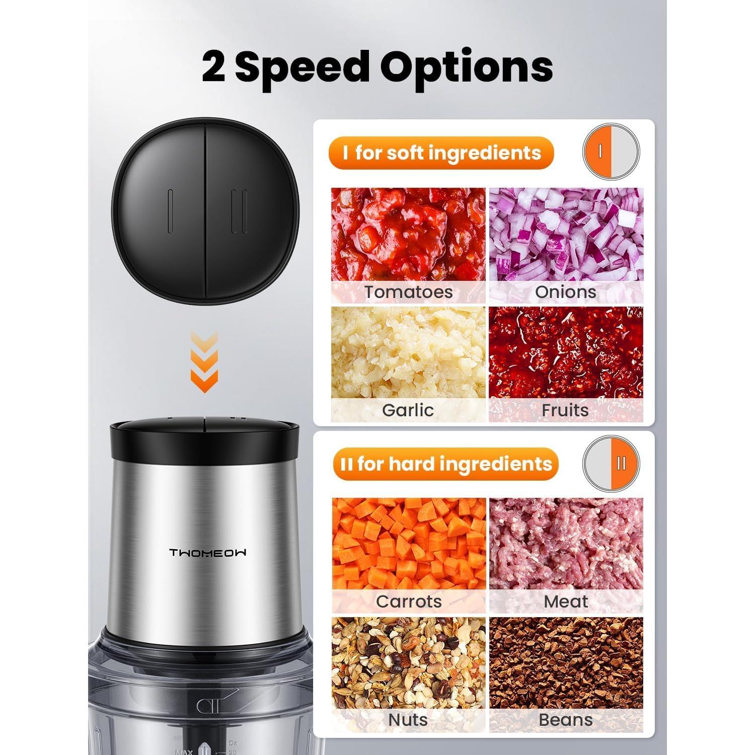 Food Processor 4 Cup, Electric Food Chopper, 【Small but Powerful】Meat Grinder with 2 Bowls, 2 Speed & 4 Blades for Vegetable, Meat, Nuts, Functions for Chopping, Dicing, Mixing and Puree
