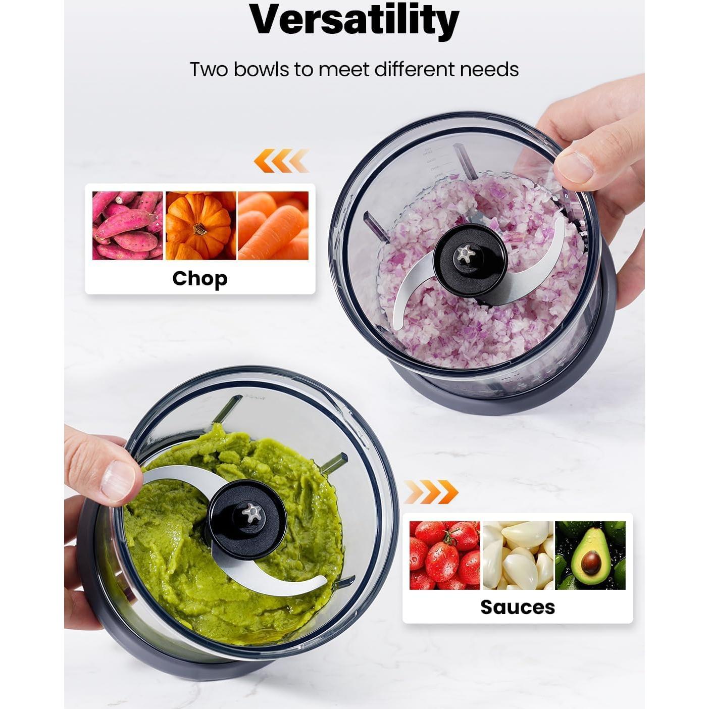 Food Processor 4 Cup, Electric Food Chopper, 【Small but Powerful】Meat Grinder with 2 Bowls, 2 Speed & 4 Blades for Vegetable, Meat, Nuts, Functions for Chopping, Dicing, Mixing and Puree