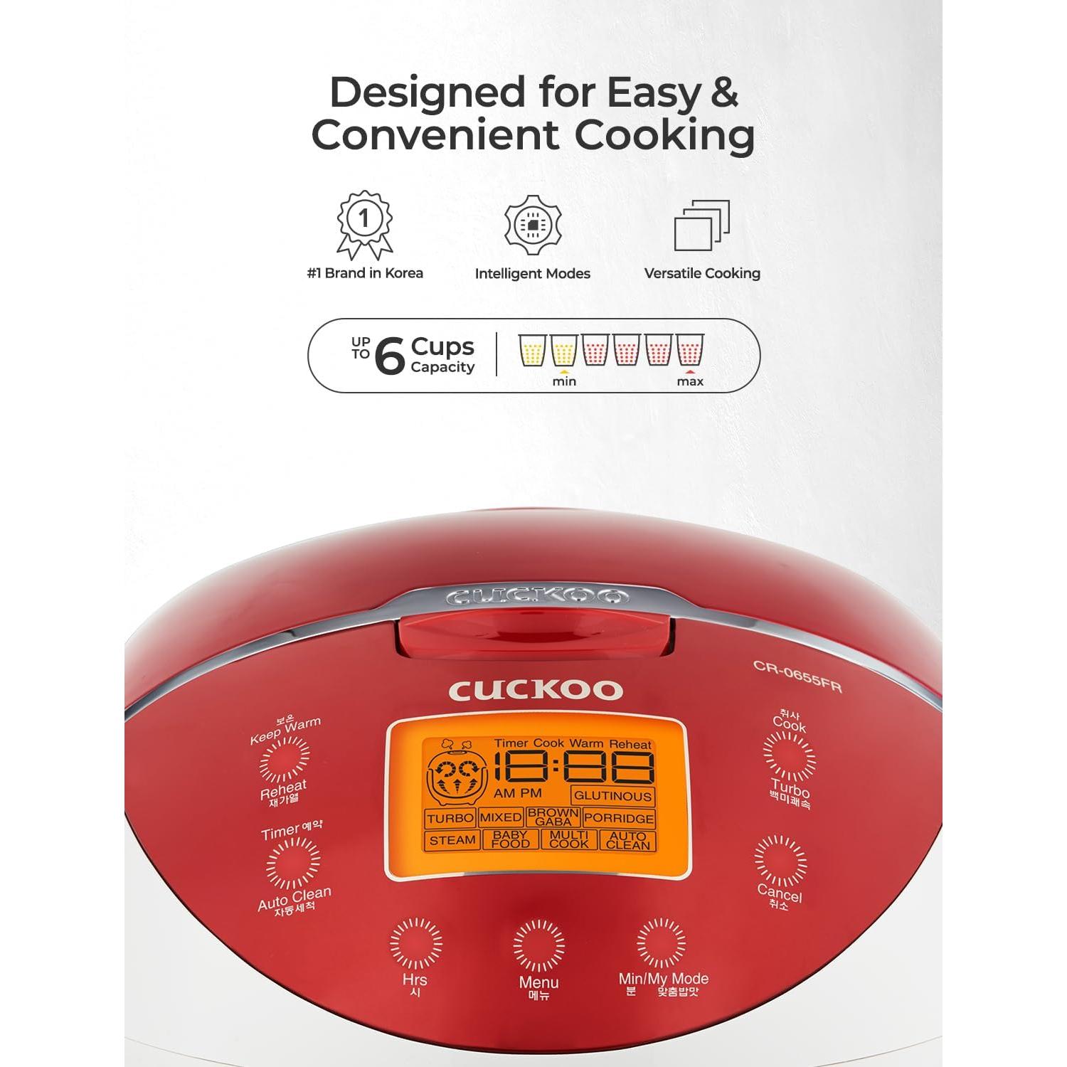 Micom Rice Cooker 6 Cup Uncooked / 12 Cup Cooked, Fuzzy Logic Rice Maker with Delay Timer & Keep Warm Setting, Versatile Food Steamer for Cooking, Non-Stick Inner Pot, Red (CR-0655F)