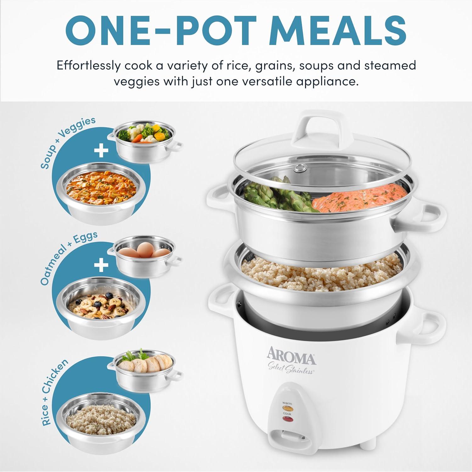 Housewares 14-Cup (Cooked) / 3Qt. Select Stainless Pot-Style Rice Cooker, & Food Steamer, One-Touch Operation, Automatic Keep Warm Mode, White (ARC-757-1SG)