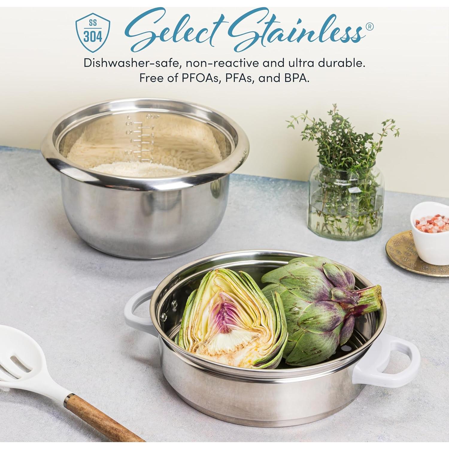 Housewares 14-Cup (Cooked) / 3Qt. Select Stainless Pot-Style Rice Cooker, & Food Steamer, One-Touch Operation, Automatic Keep Warm Mode, White (ARC-757-1SG)