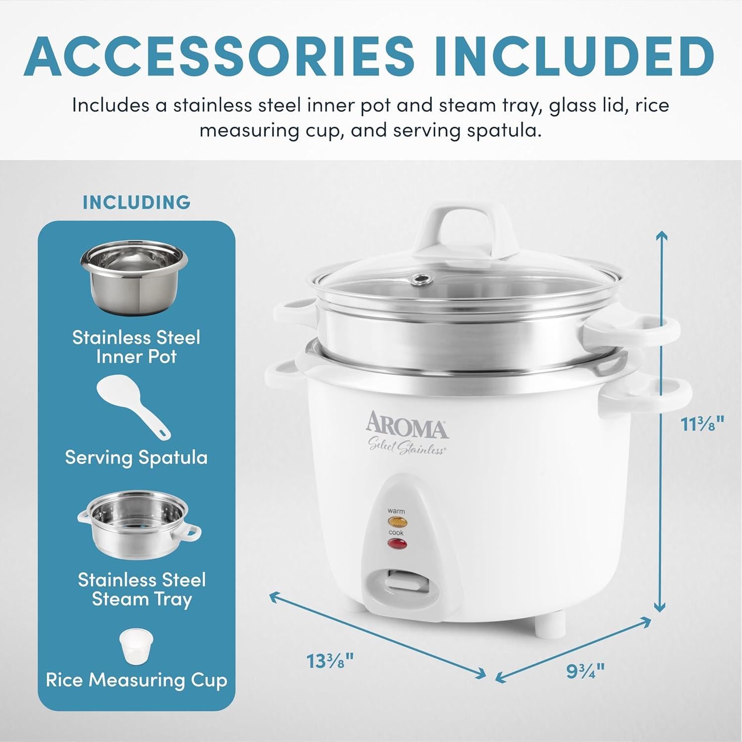 Housewares 14-Cup (Cooked) / 3Qt. Select Stainless Pot-Style Rice Cooker, & Food Steamer, One-Touch Operation, Automatic Keep Warm Mode, White (ARC-757-1SG)