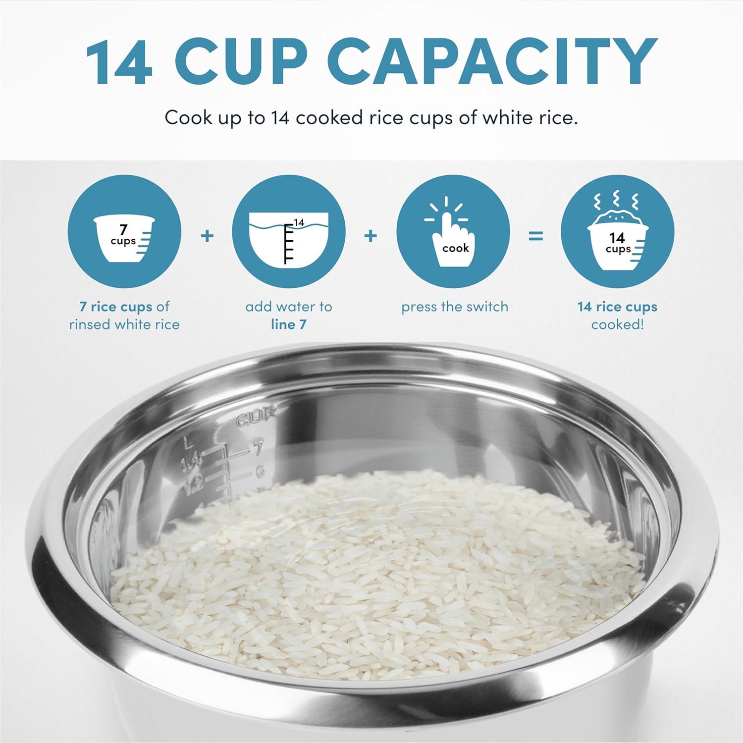 Housewares 14-Cup (Cooked) / 3Qt. Select Stainless Pot-Style Rice Cooker, & Food Steamer, One-Touch Operation, Automatic Keep Warm Mode, White (ARC-757-1SG)