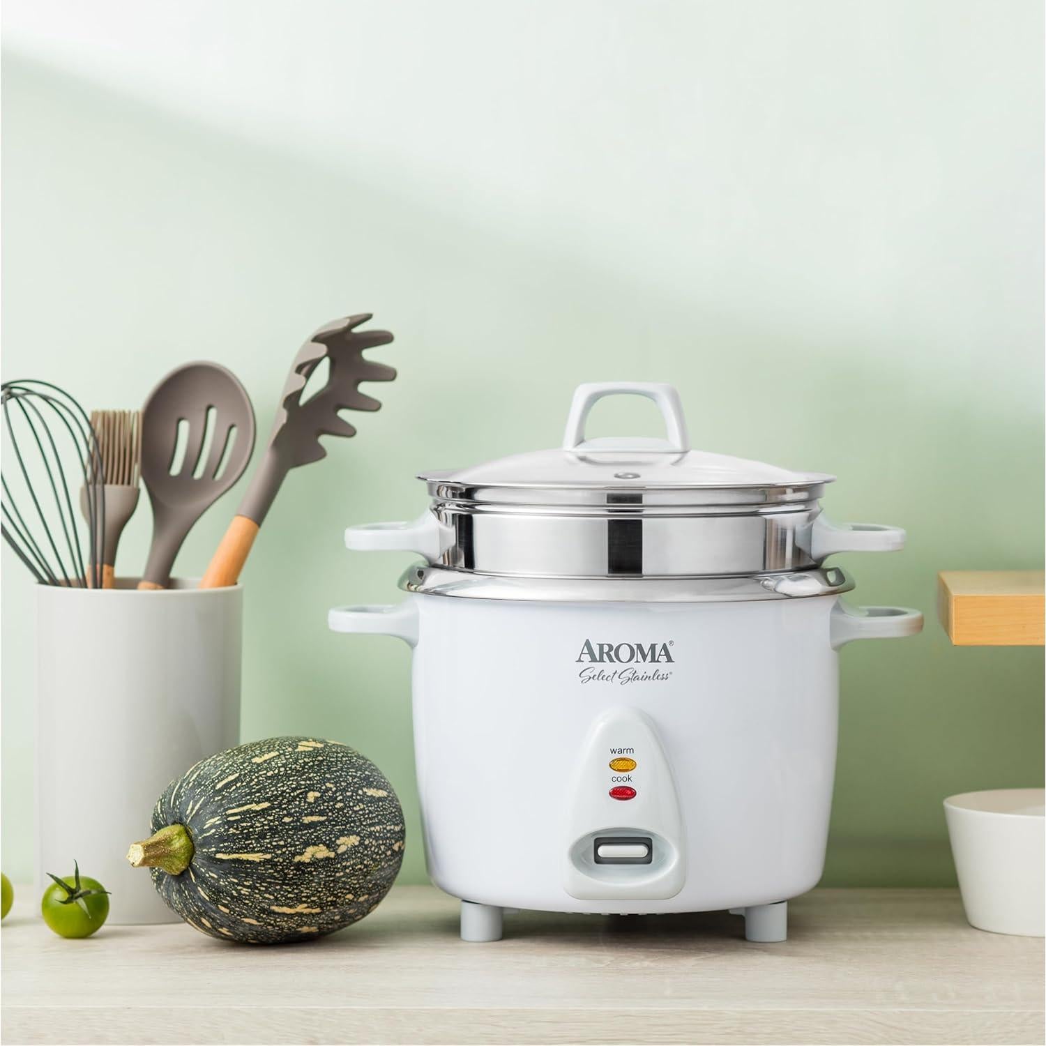 Housewares 14-Cup (Cooked) / 3Qt. Select Stainless Pot-Style Rice Cooker, & Food Steamer, One-Touch Operation, Automatic Keep Warm Mode, White (ARC-757-1SG)