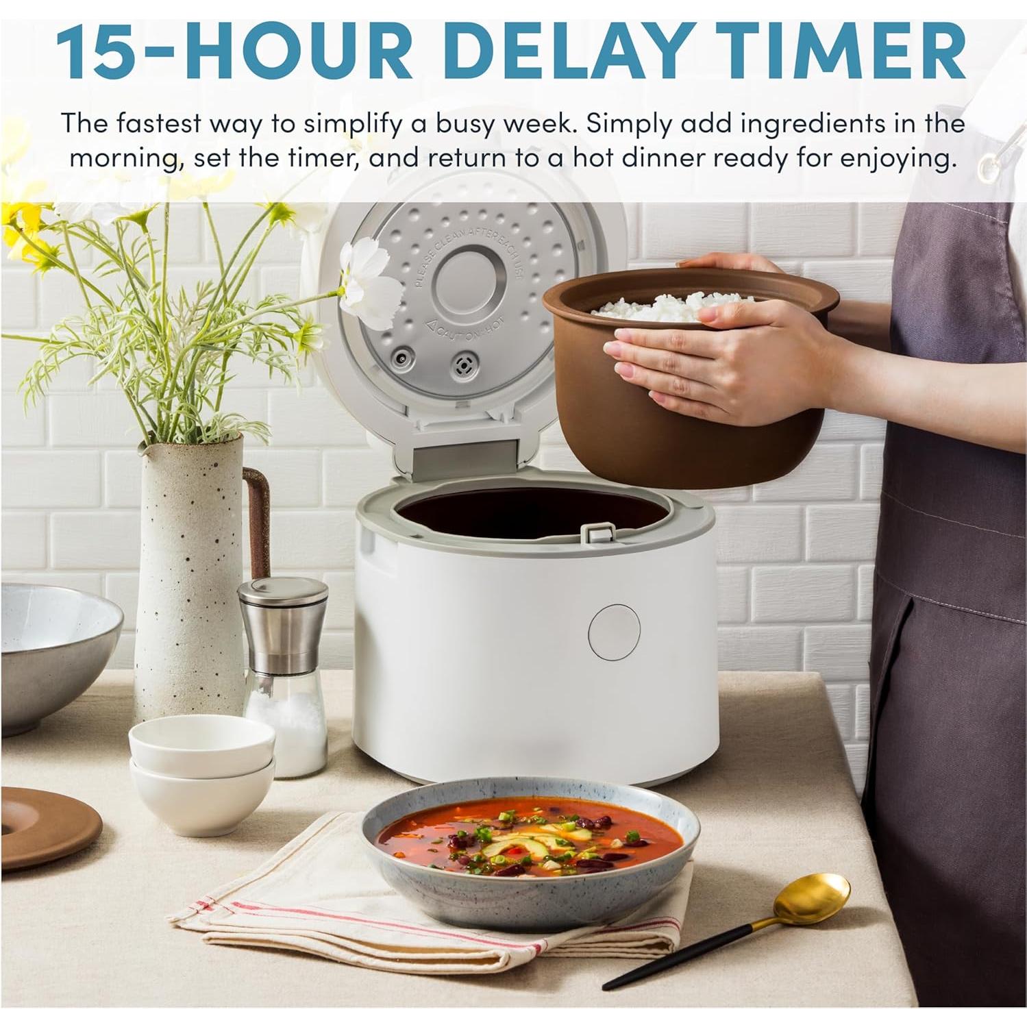 Professional Rice Cooker with Purple Clay Cooking Pot, 6-Cup (Uncooked) / 12-Cup (Cooked), Healthy Grain Multicooker, Natural Ceramic, 3 Qt, White, ARC-7206P