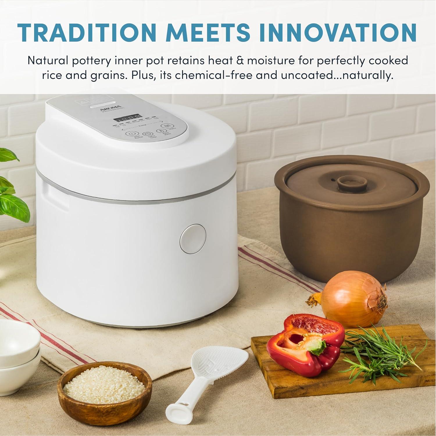 Professional Rice Cooker with Purple Clay Cooking Pot, 6-Cup (Uncooked) / 12-Cup (Cooked), Healthy Grain Multicooker, Natural Ceramic, 3 Qt, White, ARC-7206P