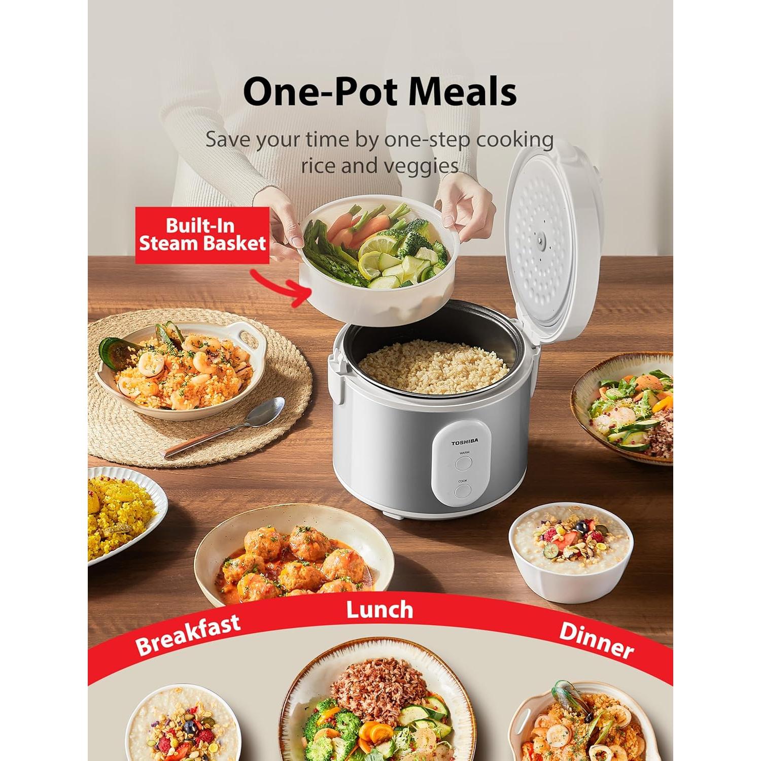Rice Cooker & Steamer Simple 5.5 Cup(Uncooked) with Steaming Basket, Removable Non-Stick Inner Pot & Inner Lid, for Soups, Stews, Grains&Oatmeal, One Touch&Keep Warm Function, Silvery White