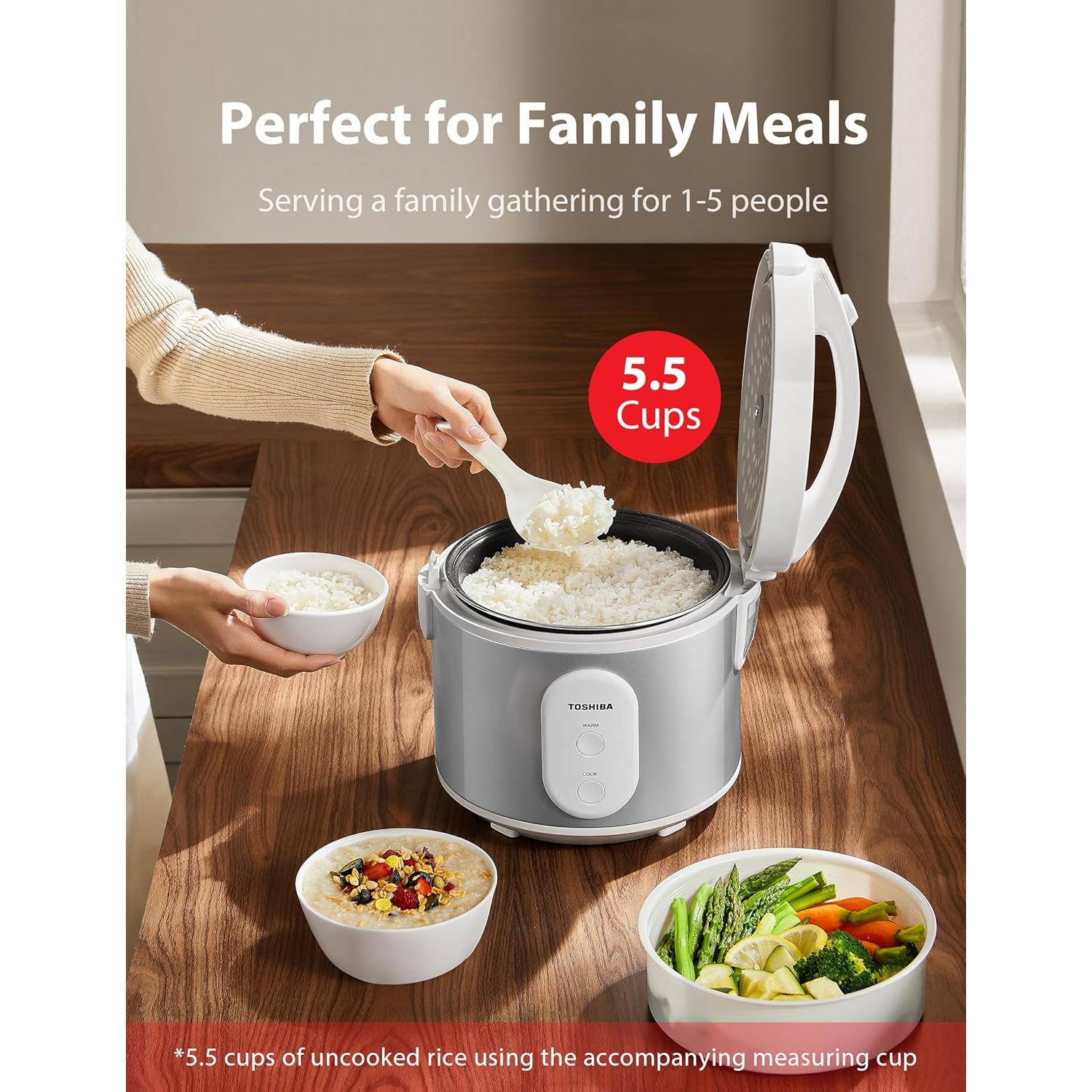 Rice Cooker & Steamer Simple 5.5 Cup(Uncooked) with Steaming Basket, Removable Non-Stick Inner Pot & Inner Lid, for Soups, Stews, Grains&Oatmeal, One Touch&Keep Warm Function, Silvery White