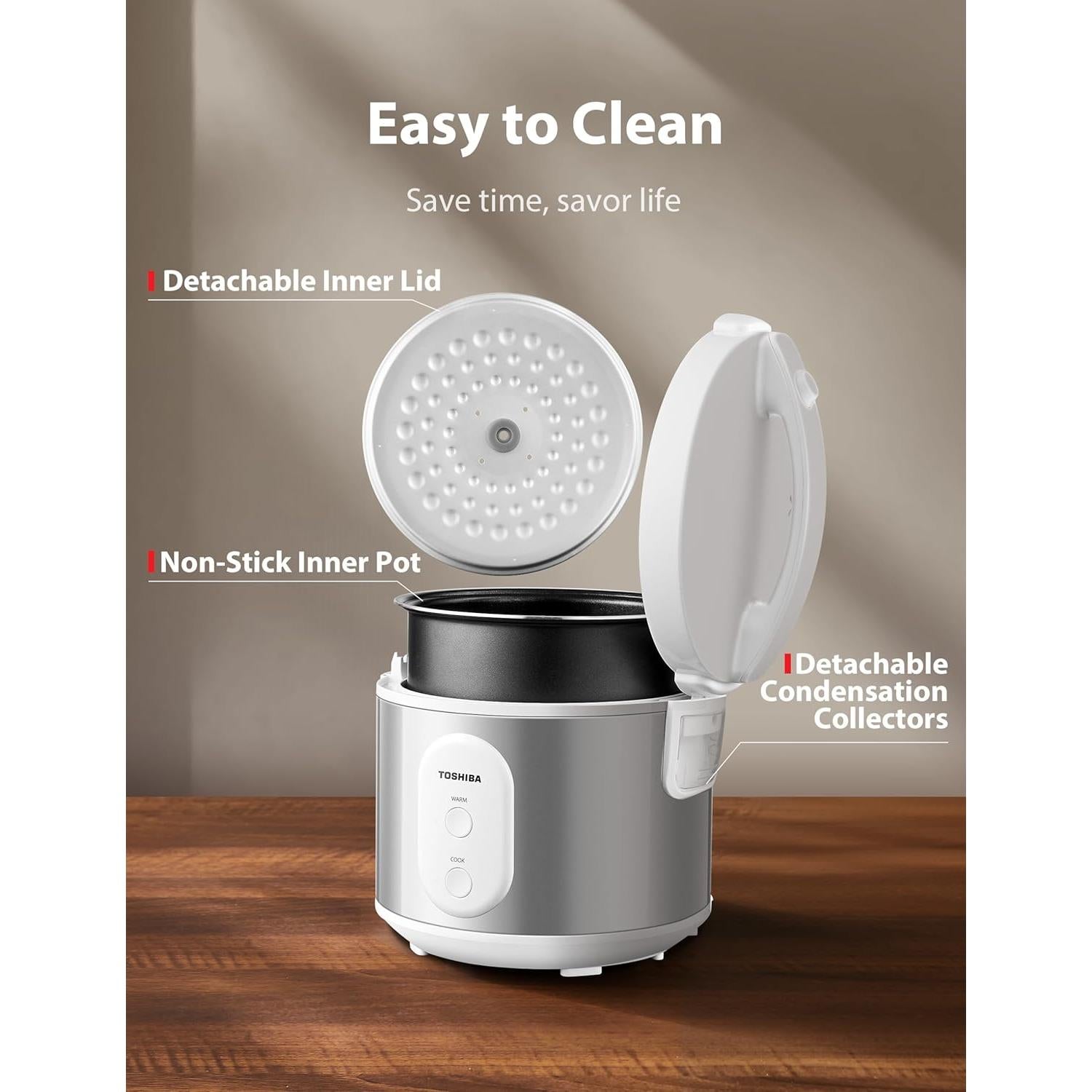 Rice Cooker & Steamer Simple 5.5 Cup(Uncooked) with Steaming Basket, Removable Non-Stick Inner Pot & Inner Lid, for Soups, Stews, Grains&Oatmeal, One Touch&Keep Warm Function, Silvery White