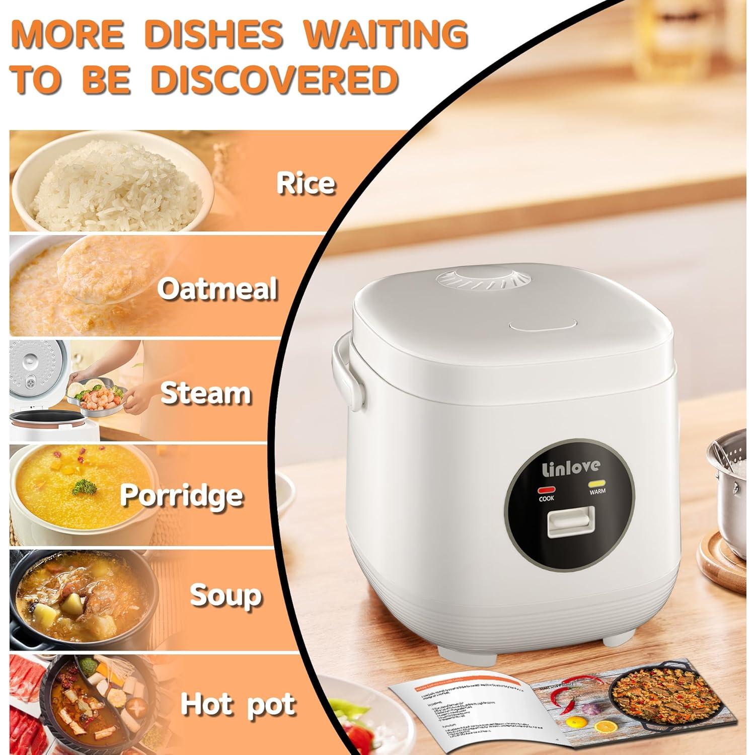 Olla arrocera portátil Linlove 1.5L blanca, 3 tazas, antiadherente