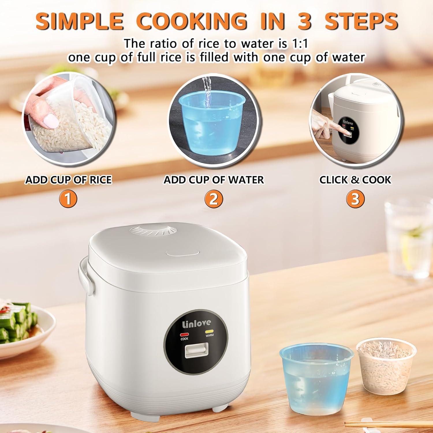 Olla arrocera portátil Linlove 1.5L blanca, 3 tazas, antiadherente