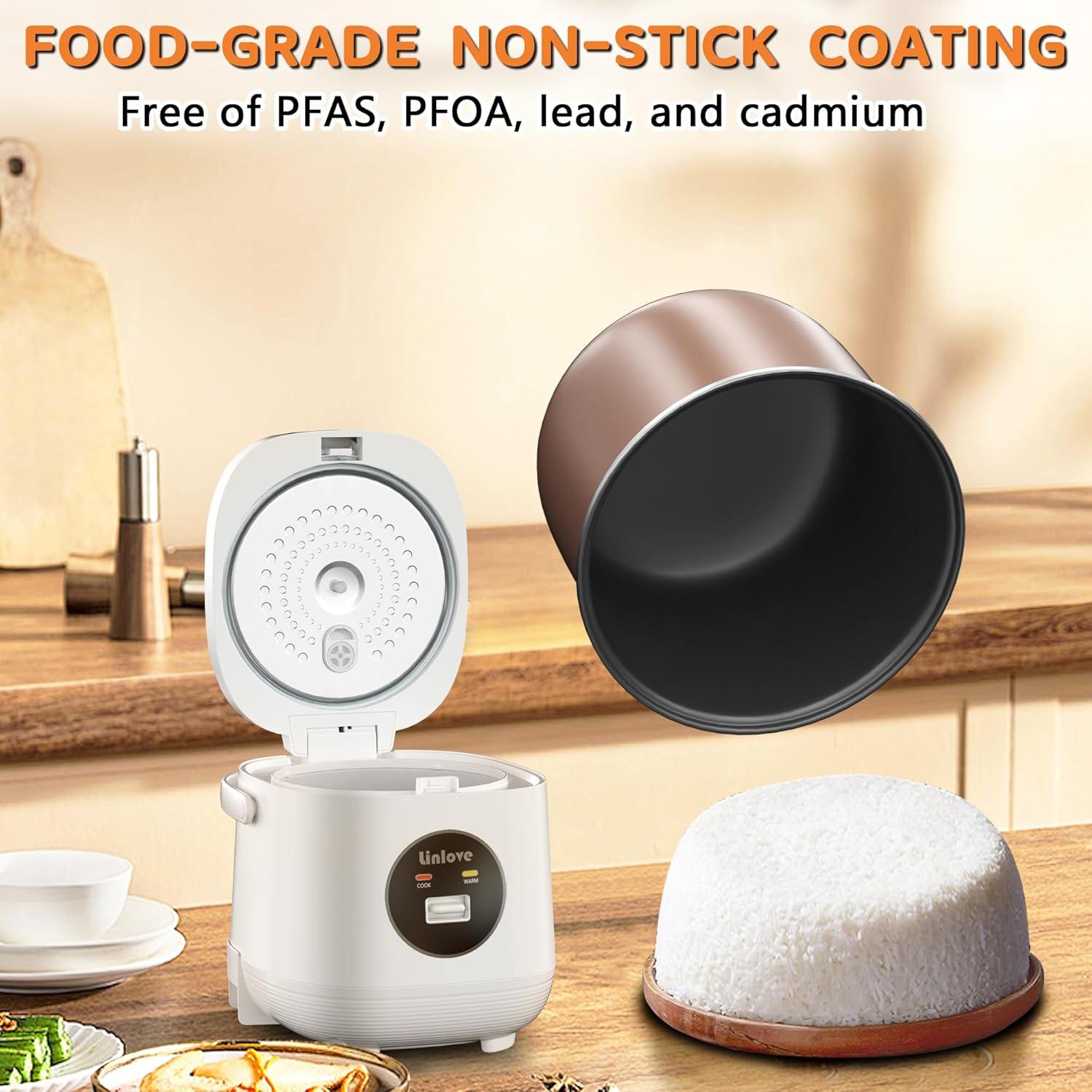 Olla arrocera portátil Linlove 1.5L blanca, 3 tazas, antiadherente