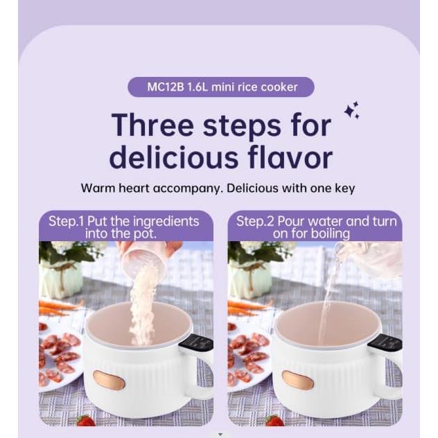 Portable Rice Cooker and Lunch Box with Multi-Functional Non-Stick Ceramic Coating, Compact Non-Stick Rice Cooker 6 Cooking Functions: Cooking Rice, Soup, Stew, Congee, etc., White