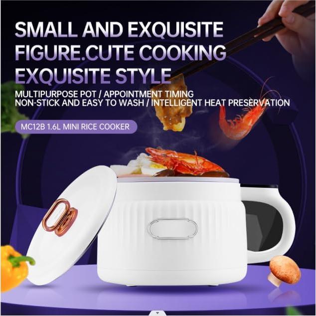 Portable Rice Cooker and Lunch Box with Multi-Functional Non-Stick Ceramic Coating, Compact Non-Stick Rice Cooker 6 Cooking Functions: Cooking Rice, Soup, Stew, Congee, etc., White
