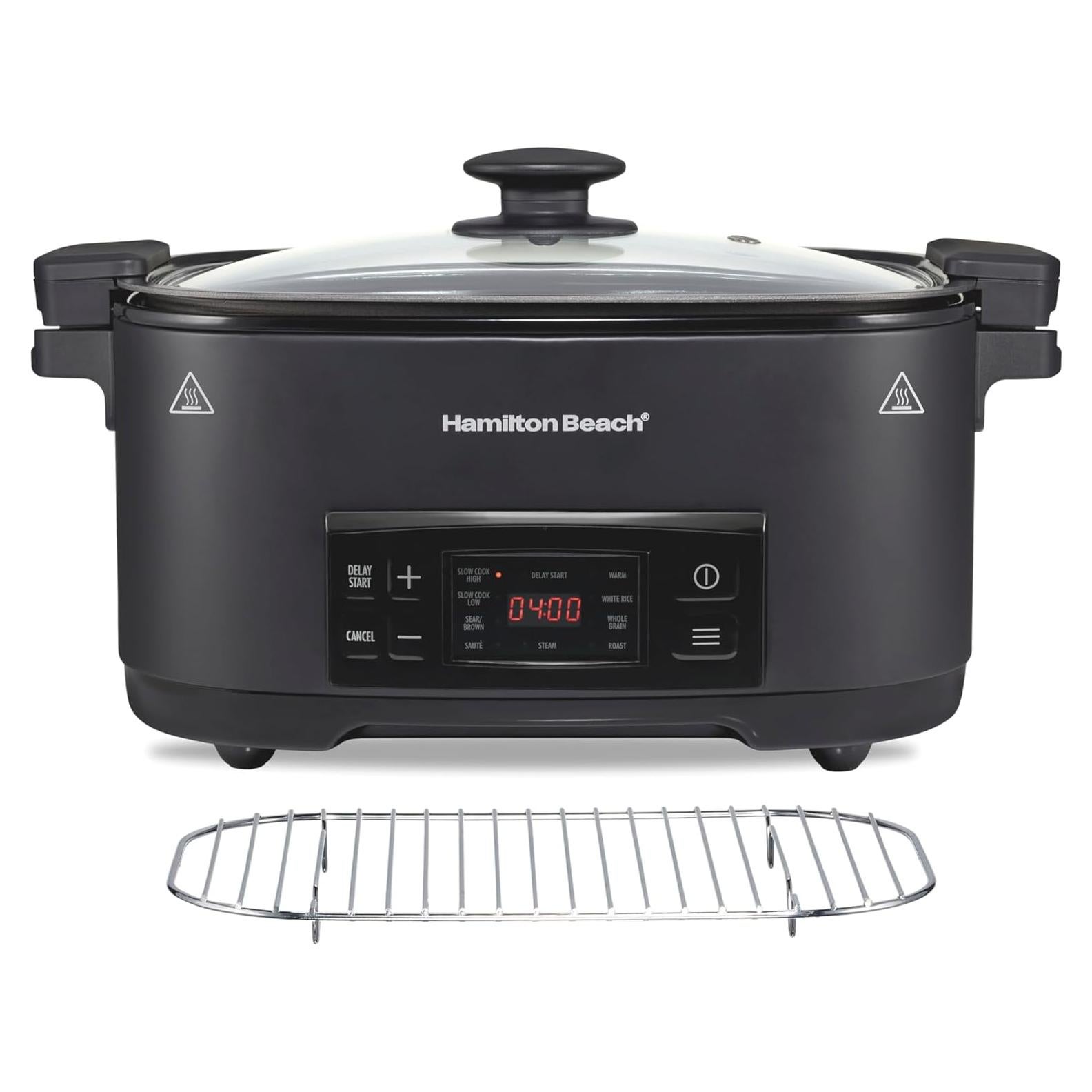 Hamilton Beach 6 Quart 9-in-1 Programmable Slow Cooker with Sear, Browning, Rice, Steam, Sauté, Roast Delay Start & Keep Warm Functions, Nonstick PFAS-Free Dishwasher Safe Crock, Black (33604)