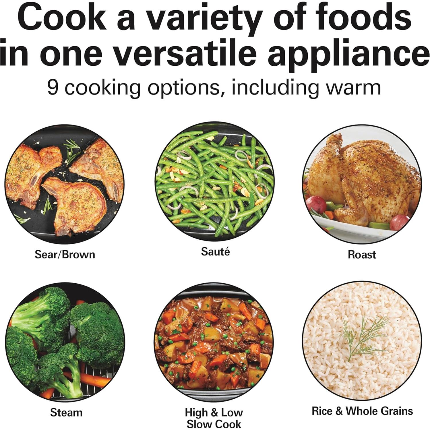 Hamilton Beach 6 Quart 9-in-1 Programmable Slow Cooker with Sear, Browning, Rice, Steam, Sauté, Roast Delay Start & Keep Warm Functions, Nonstick PFAS-Free Dishwasher Safe Crock, Black (33604)