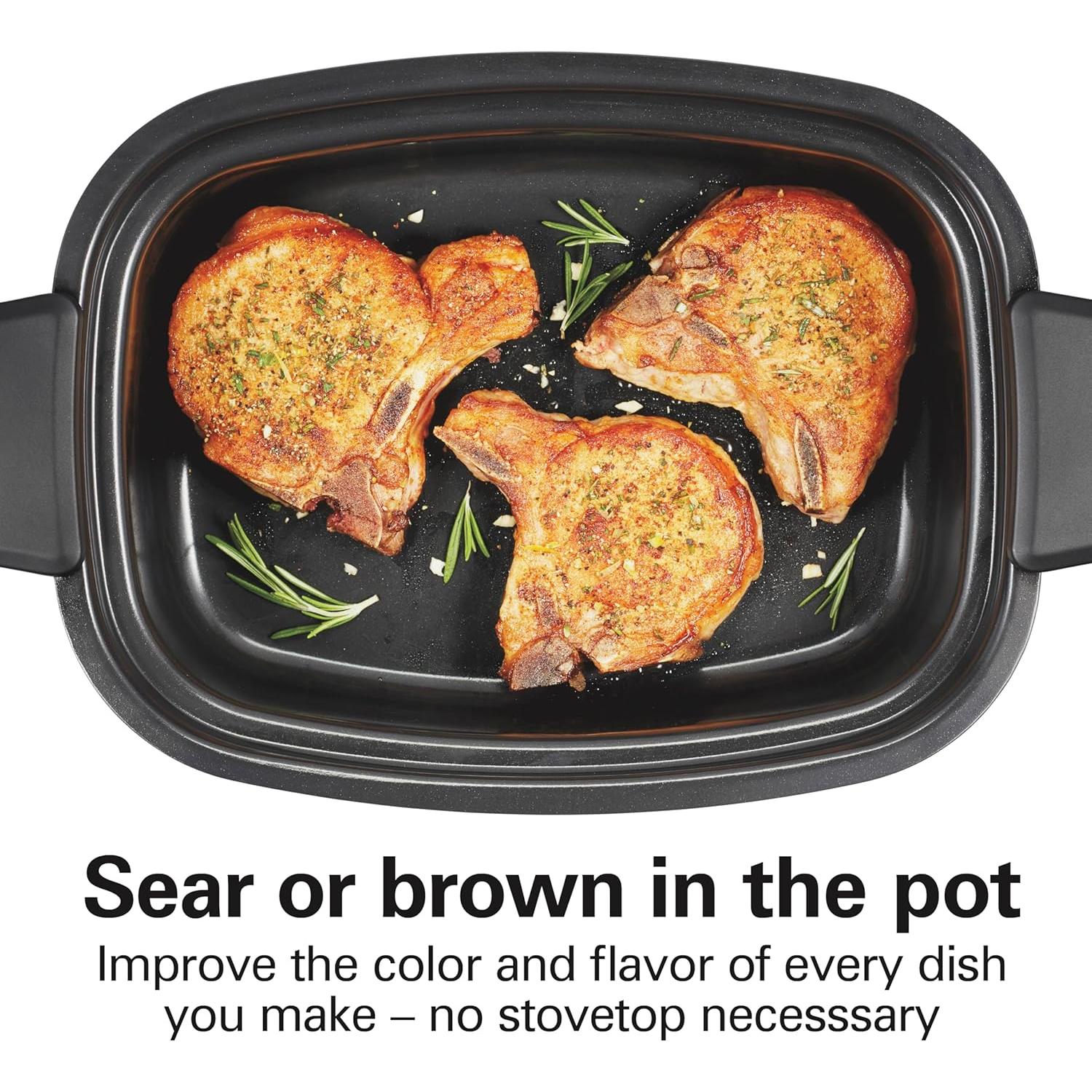 Hamilton Beach 6 Quart 9-in-1 Programmable Slow Cooker with Sear, Browning, Rice, Steam, Sauté, Roast Delay Start & Keep Warm Functions, Nonstick PFAS-Free Dishwasher Safe Crock, Black (33604)