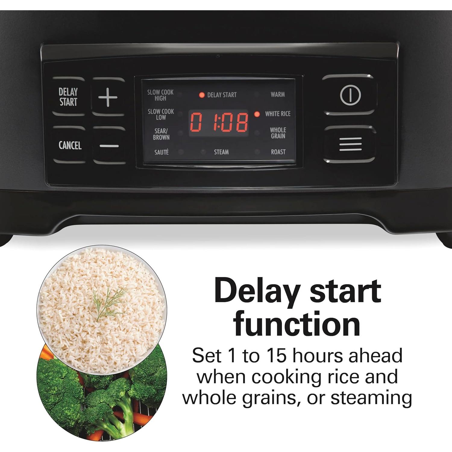 Hamilton Beach 6 Quart 9-in-1 Programmable Slow Cooker with Sear, Browning, Rice, Steam, Sauté, Roast Delay Start & Keep Warm Functions, Nonstick PFAS-Free Dishwasher Safe Crock, Black (33604)