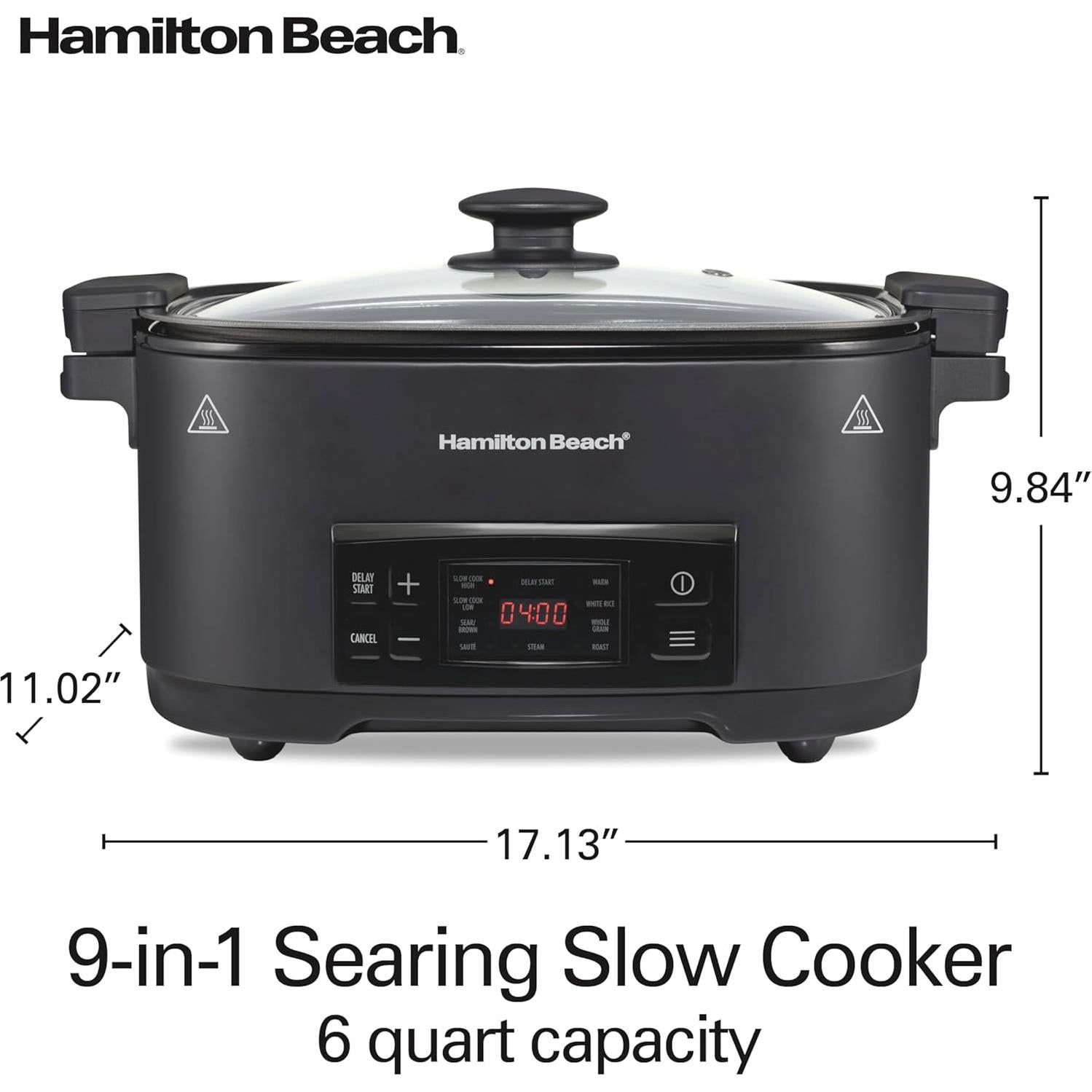 Hamilton Beach 6 Quart 9-in-1 Programmable Slow Cooker with Sear, Browning, Rice, Steam, Sauté, Roast Delay Start & Keep Warm Functions, Nonstick PFAS-Free Dishwasher Safe Crock, Black (33604)