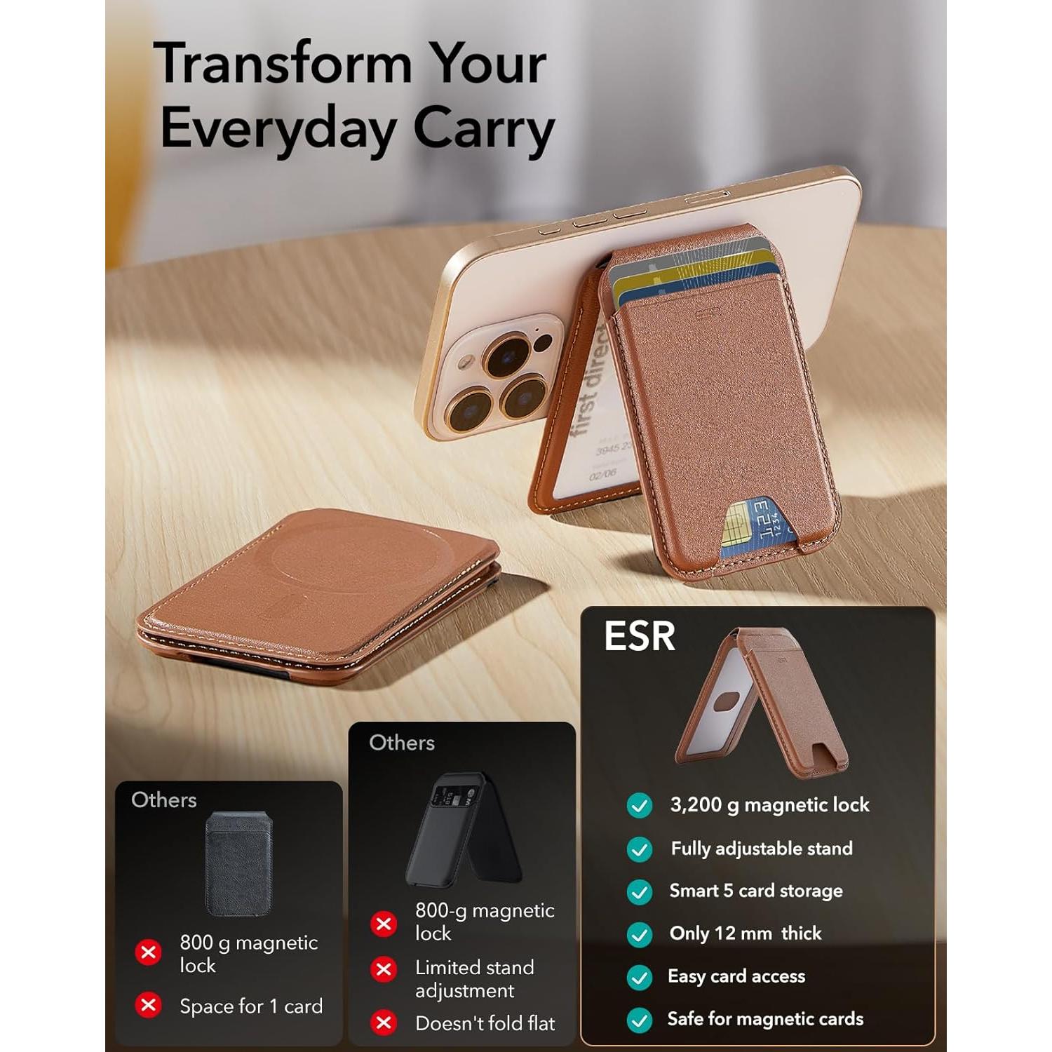 Cartera MagSafe ESR Marrón para iPhone 12-16, 5 Tarjetas