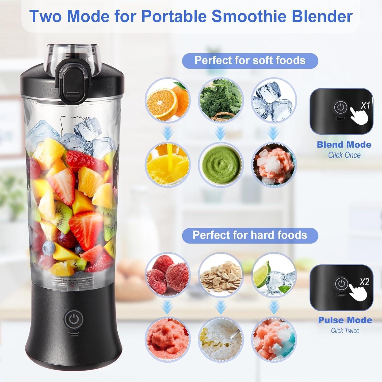 Portable Blender for Shakes and Smoothies, 20oz Rechargeable Electric Protein Shaker Bottle with 6 Leaf Blade, Travel Lid, Mini Small Personal Juicer Blender Cup for Gym, Travel, Kitchen, Office, Home