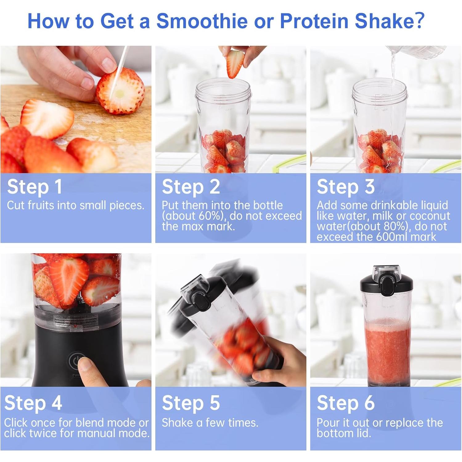 Portable Blender for Shakes and Smoothies, 20oz Rechargeable Electric Protein Shaker Bottle with 6 Leaf Blade, Travel Lid, Mini Small Personal Juicer Blender Cup for Gym, Travel, Kitchen, Office, Home