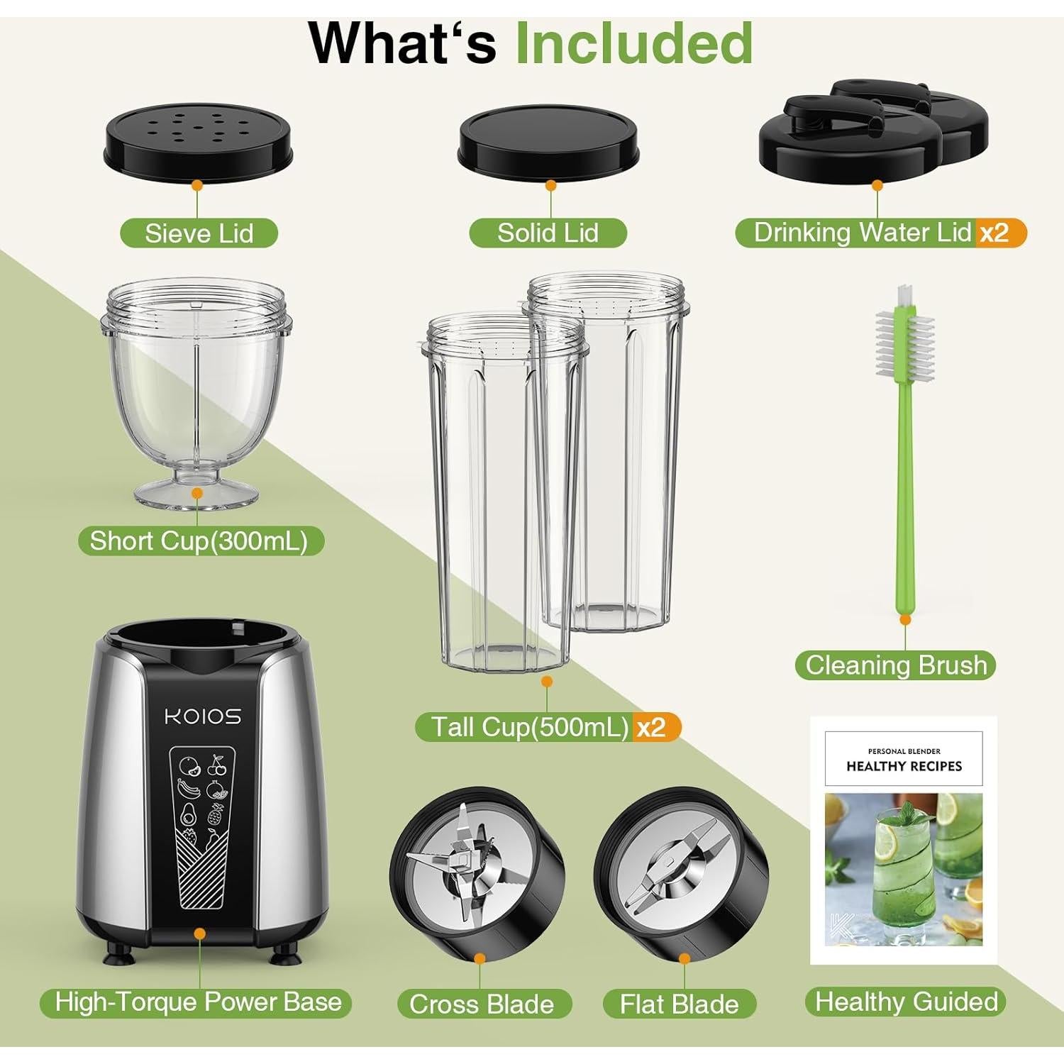 Licuadora Personal KOIOS 1000W con 2 Tazas de 650ml