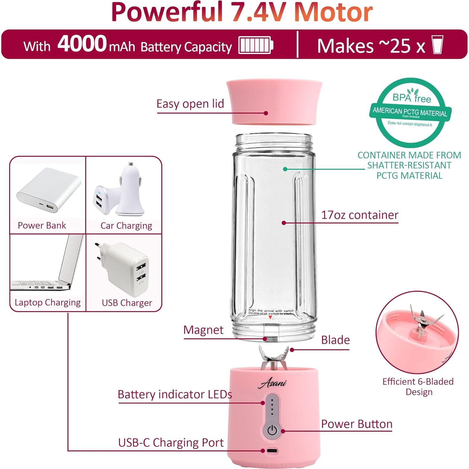 Mezclador Mini Portátil Asani Rosa 500ml Recargable USB