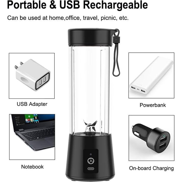 Portable Personal Blender | Juicer Blender For Smoothies and Fruit (1pc) | Rechargeable, Upgraded USB-C Connector, 304 Stainless Steel Blades, Upsized 400ML Mini Blender, Small, Black