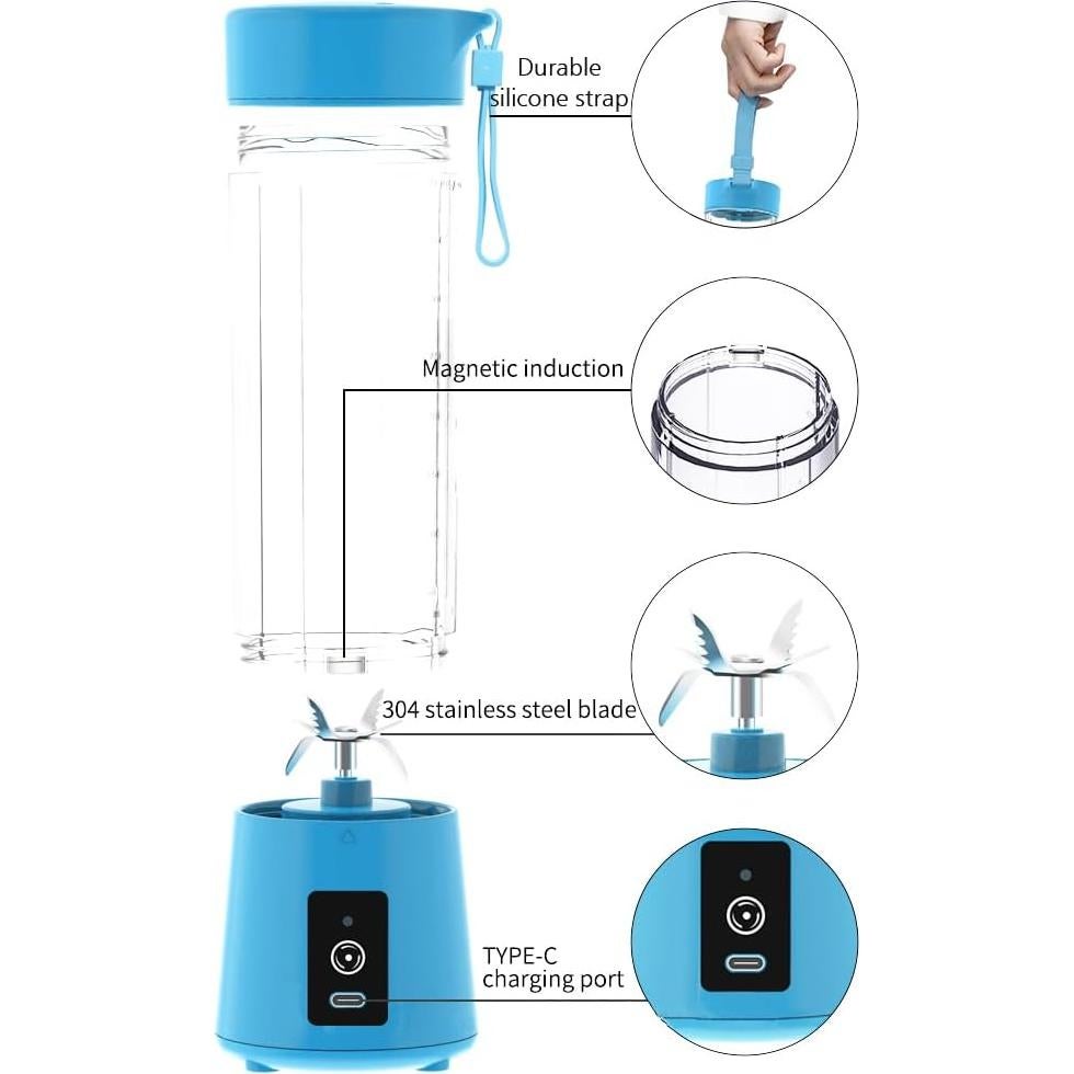Portable Personal Blender | Juicer Blender For Smoothies and Fruit (1pc) | Rechargeable, Upgraded USB-C Connector, 304 Stainless Steel Blades, Upsized 400ML Mini Blender, Small, Black