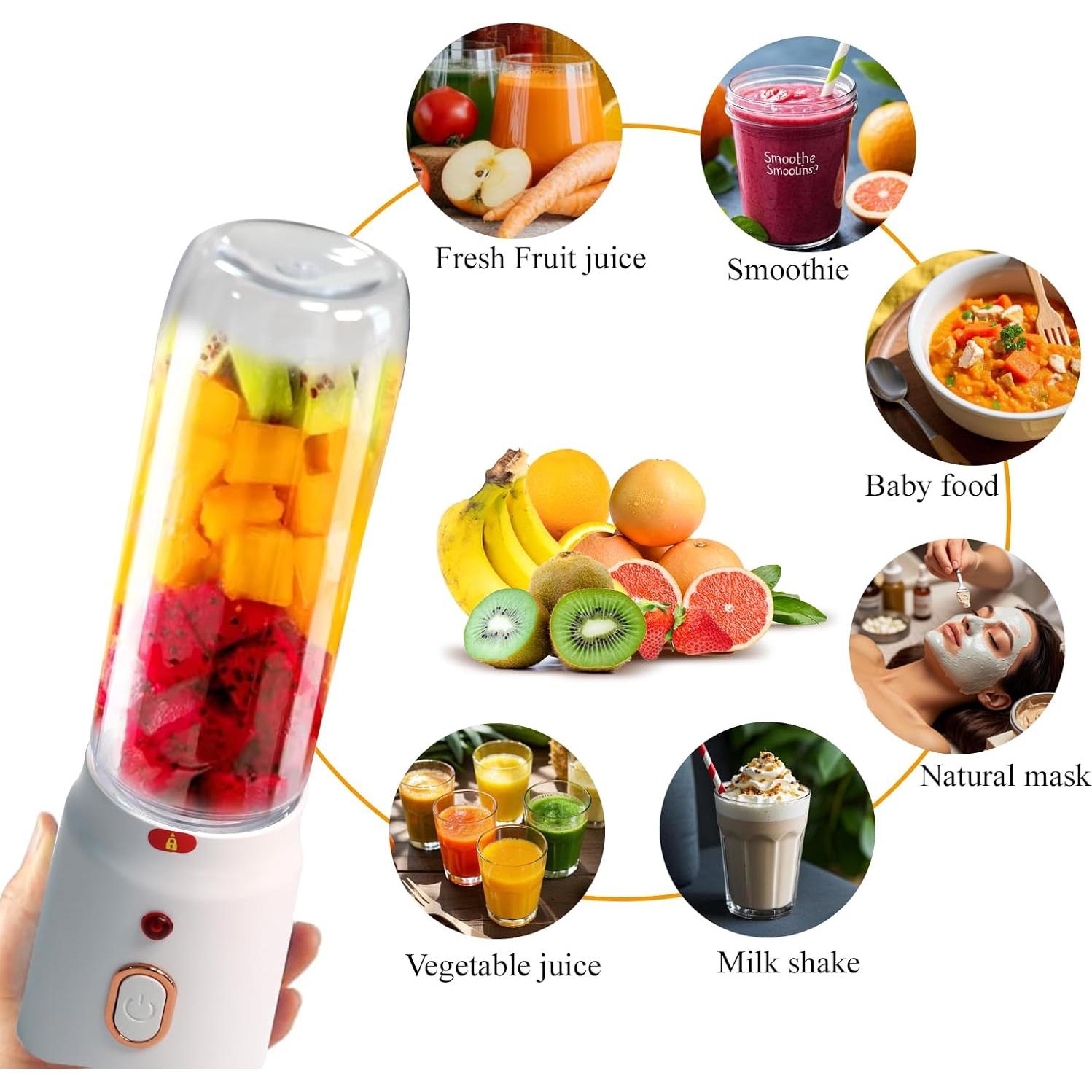 Mini Juicer Blender Portable, Personal Size for Smoothies and Shakes, 500 ML, USB Rechargeable, Fresh Juicer Cup, Two Bottle, Home, Kitchen, Gym, Office, Travel, Easy to Clean