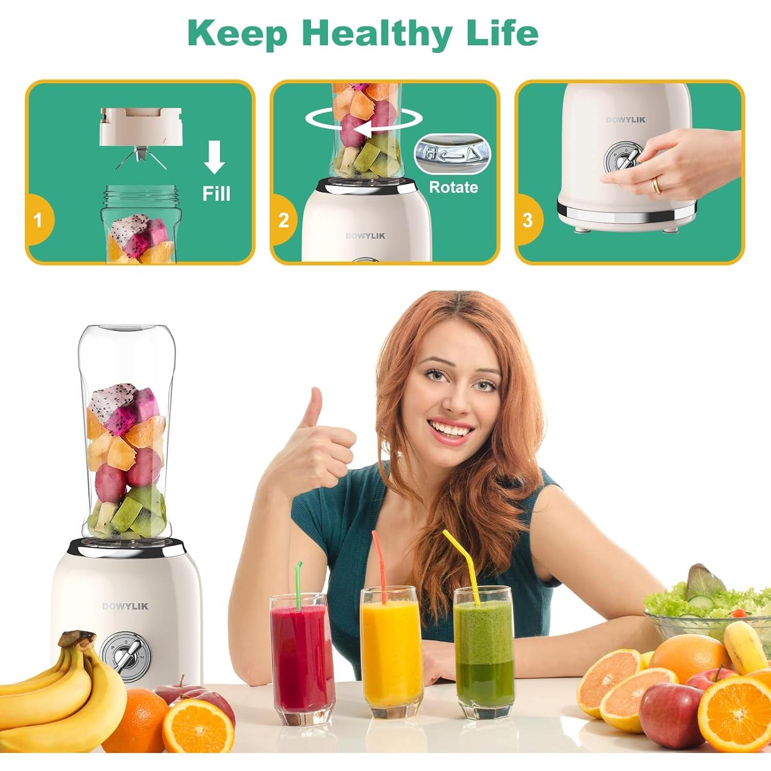 Licuadora Personal DOWYLIK Retro 300W 2 Tazas 600ml Sin BPA