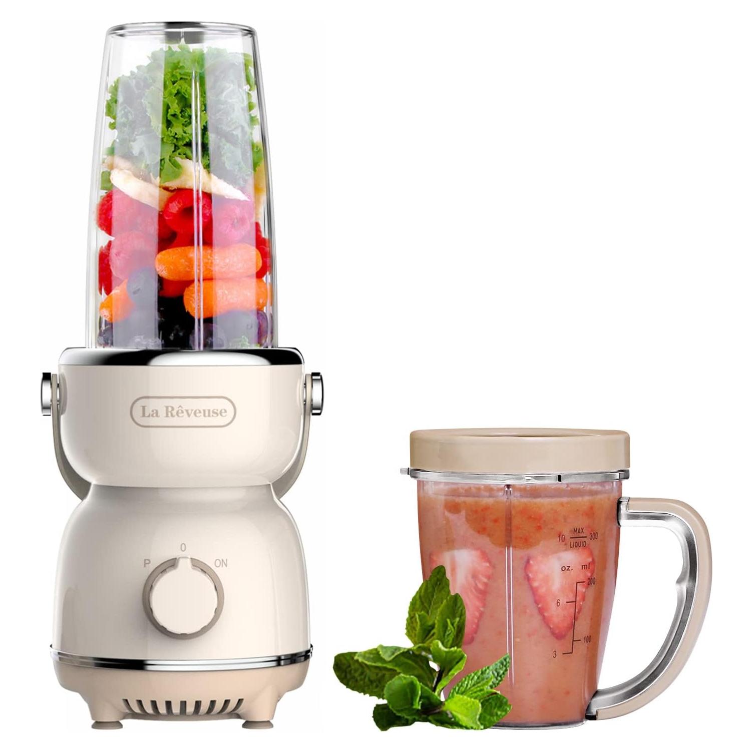 La Reveuse Personal Size Blender 300 Watts for Shakes Smoothies Seasonings Sauces with 17 oz Cup / 10 oz Mug,Retro Style