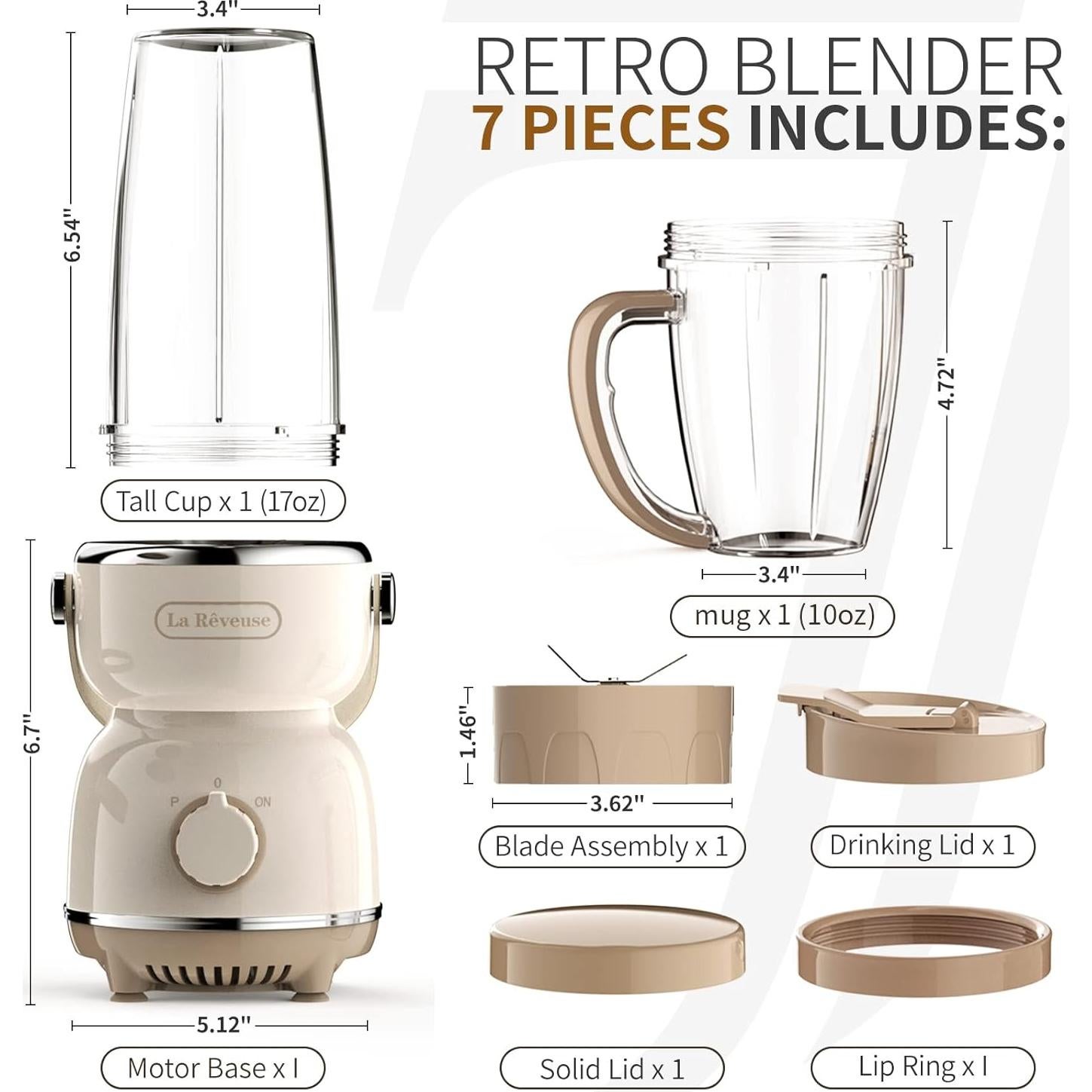 La Reveuse Personal Size Blender 300 Watts for Shakes Smoothies Seasonings Sauces with 17 oz Cup / 10 oz Mug,Retro Style