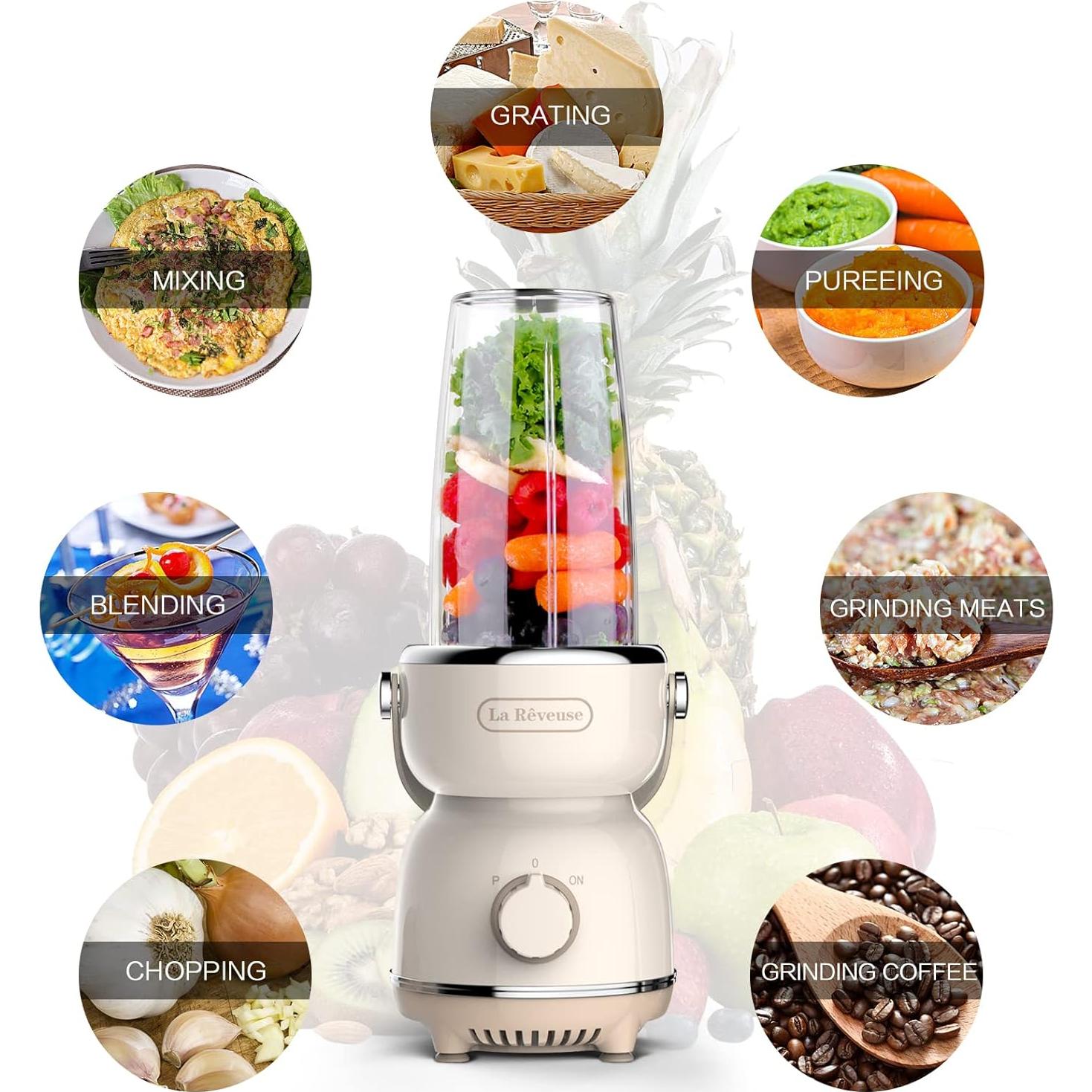 La Reveuse Personal Size Blender 300 Watts for Shakes Smoothies Seasonings Sauces with 17 oz Cup / 10 oz Mug,Retro Style