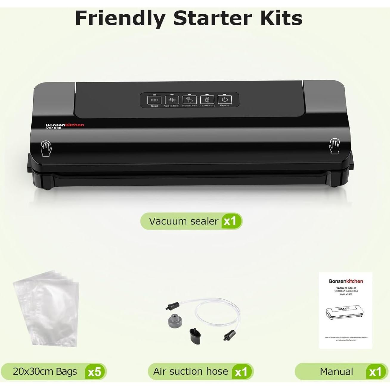 Sellador al Vacío Bonsenkitchen VS1900 135W Negro con 10 Bolsas