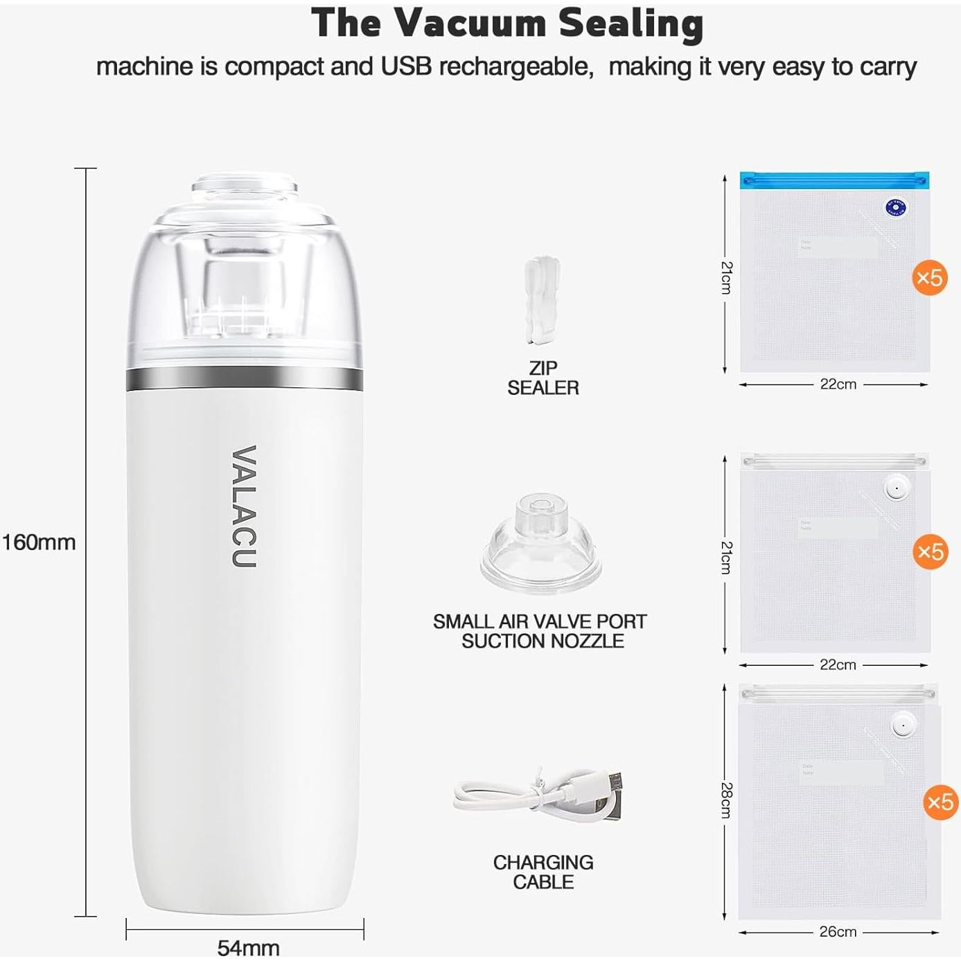 Sellador al vacío portátil VALACU + 15 bolsas reutilizables