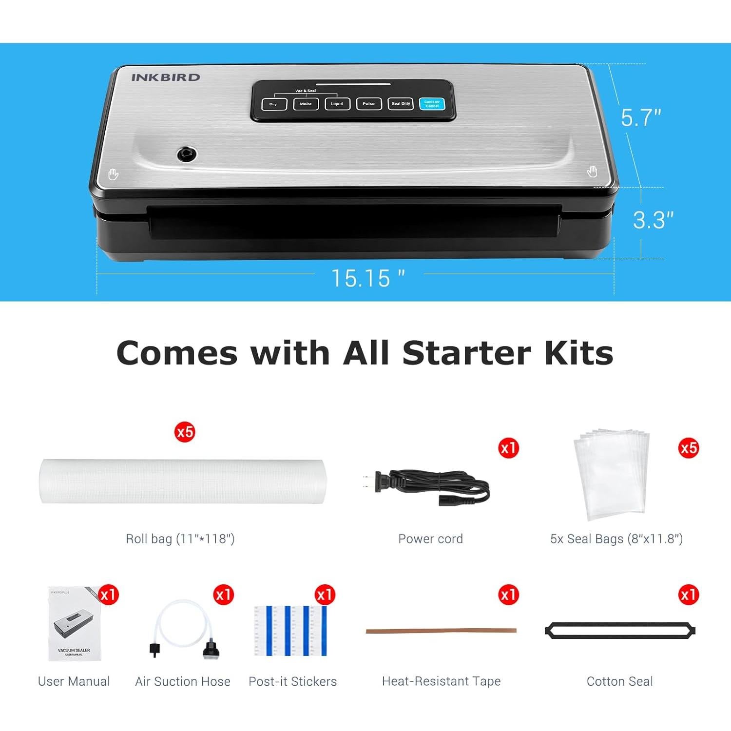 Máquina Selladora al Vacío Inkbird con 5 Rollos y Bolsas