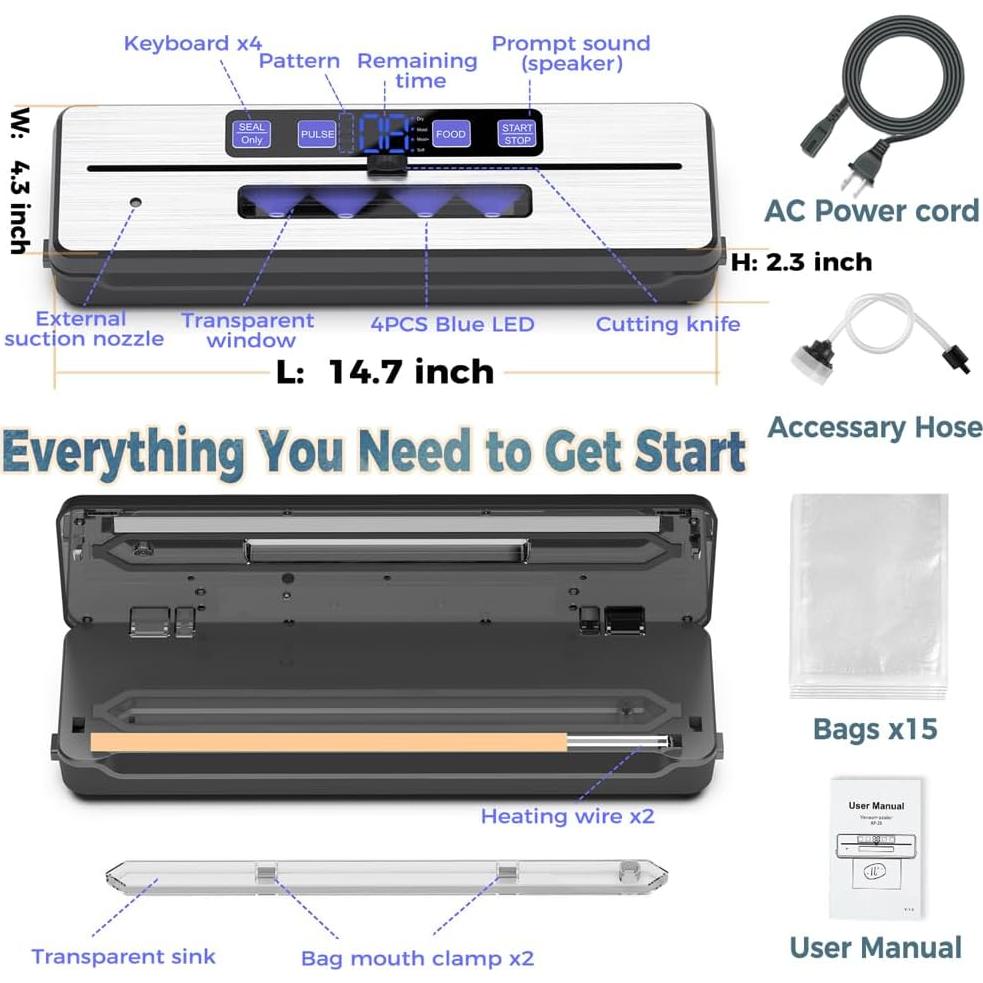 Máquina de Sellado al Vacío Jawploy AP-25 8 en 1 con 15 Bolsas