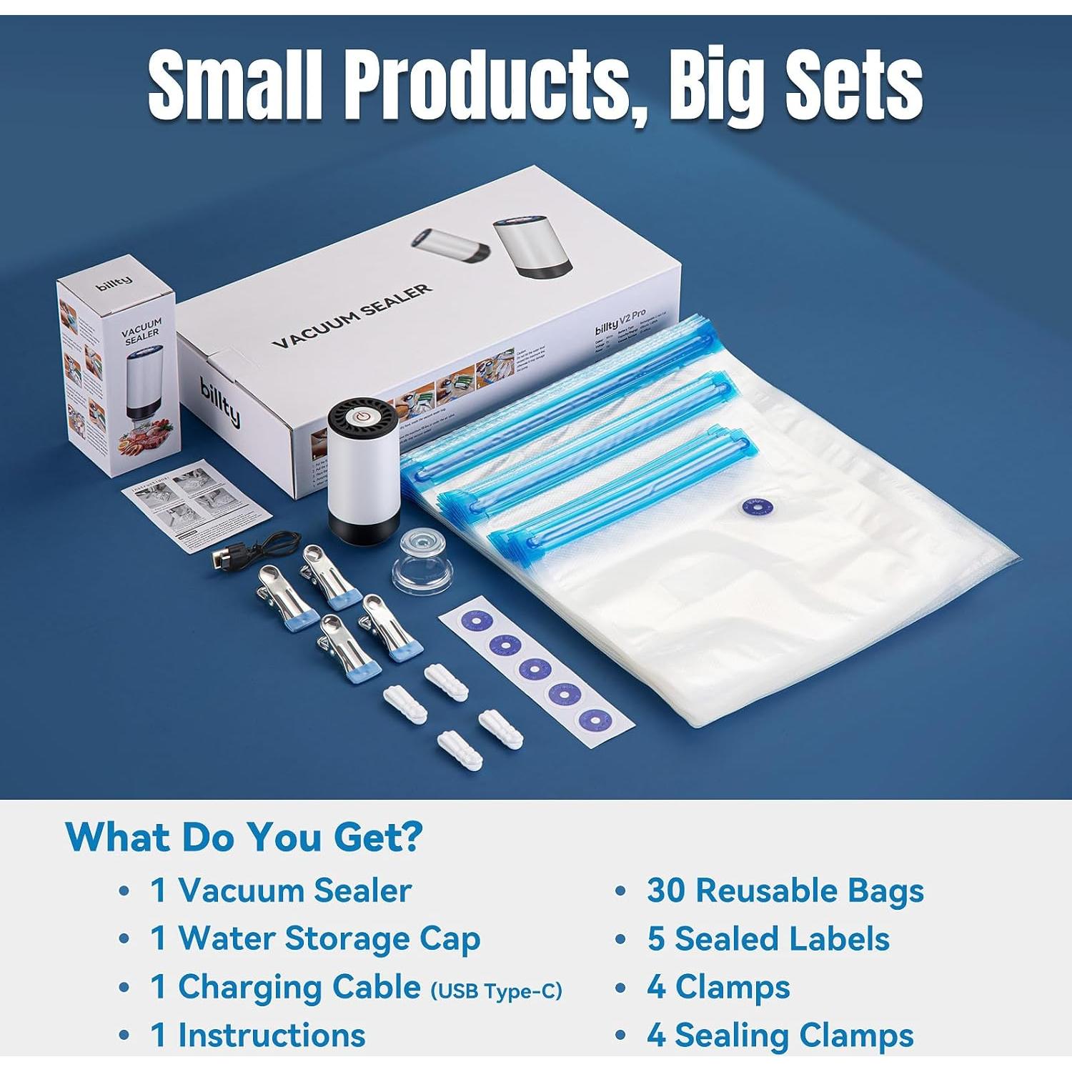 Sellador de Vacío de Mano Billty VSH01 + 30 Bolsas Sous Vide