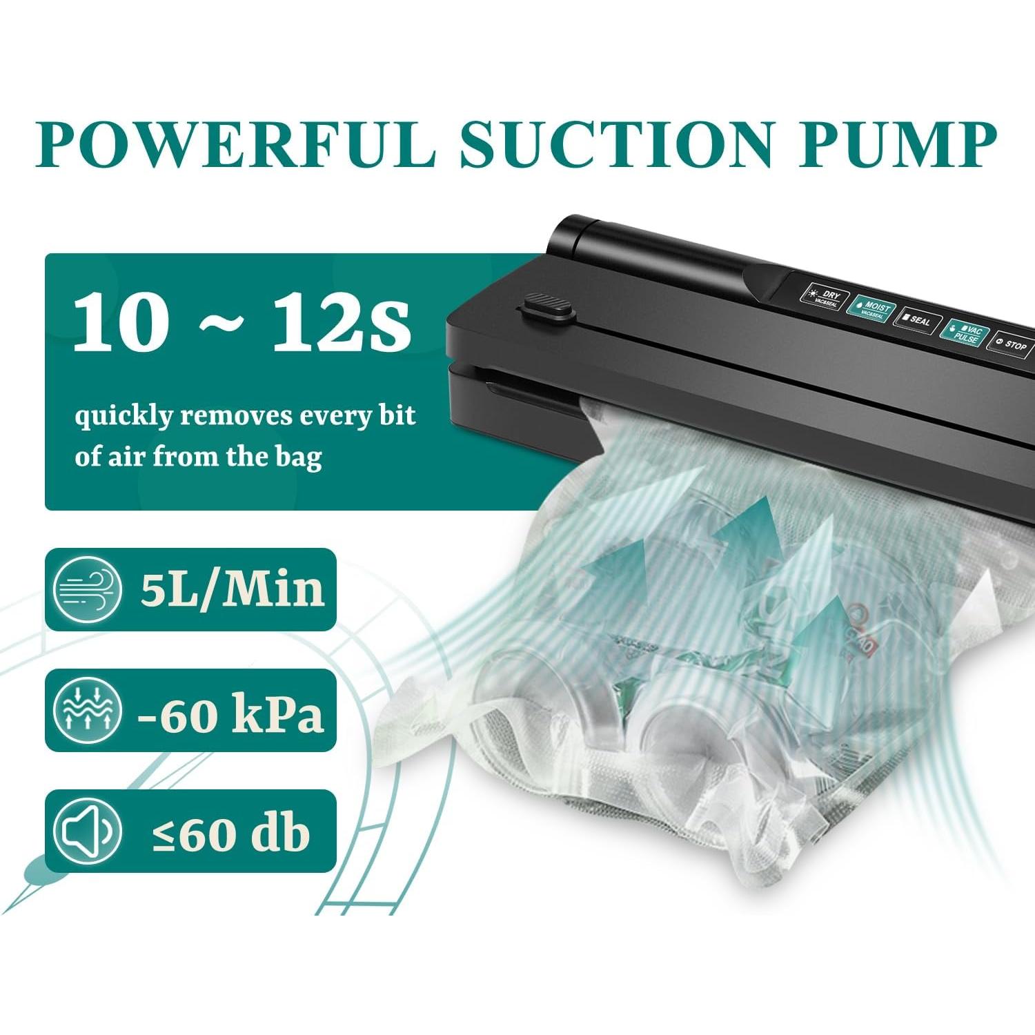 Vacuum Sealer Machine, 6-in-1 Compact Food Sealer Automatic Air Sealing System For Food Storage With Cutter and 11" x 9.8' Black Roll, One-Click Dry & Moist Vac Seal Mode